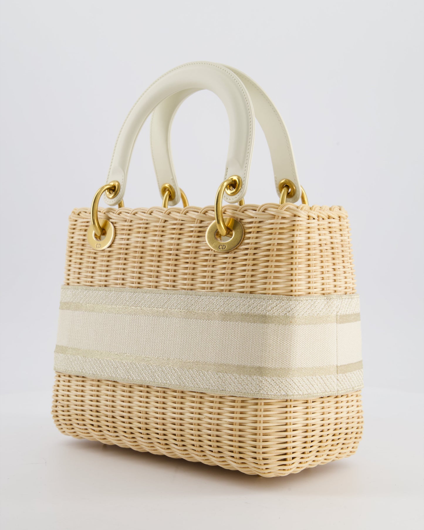Christian Dior Medium Dioriviera Lady Dior Basket Bag in Natural Wicker and Ecru/Beige Canvas With Antique Gold Hardware