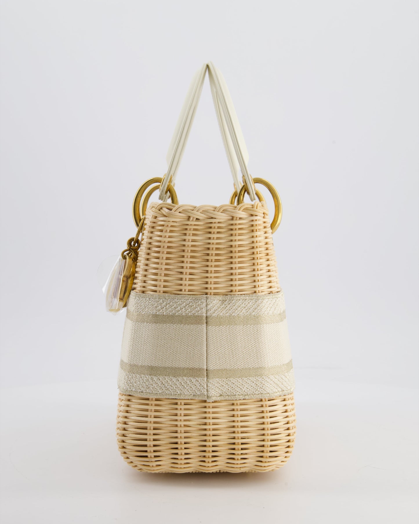Christian Dior Medium Dioriviera Lady Dior Basket Bag in Natural Wicker and Ecru/Beige Canvas With Antique Gold Hardware