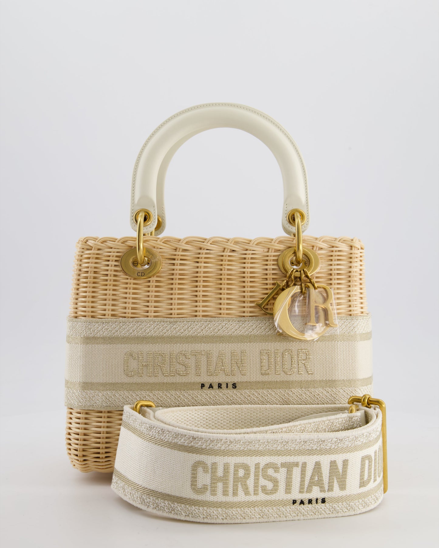 Christian Dior Medium Dioriviera Lady Dior Basket Bag in Natural Wicker and Ecru/Beige Canvas With Antique Gold Hardware