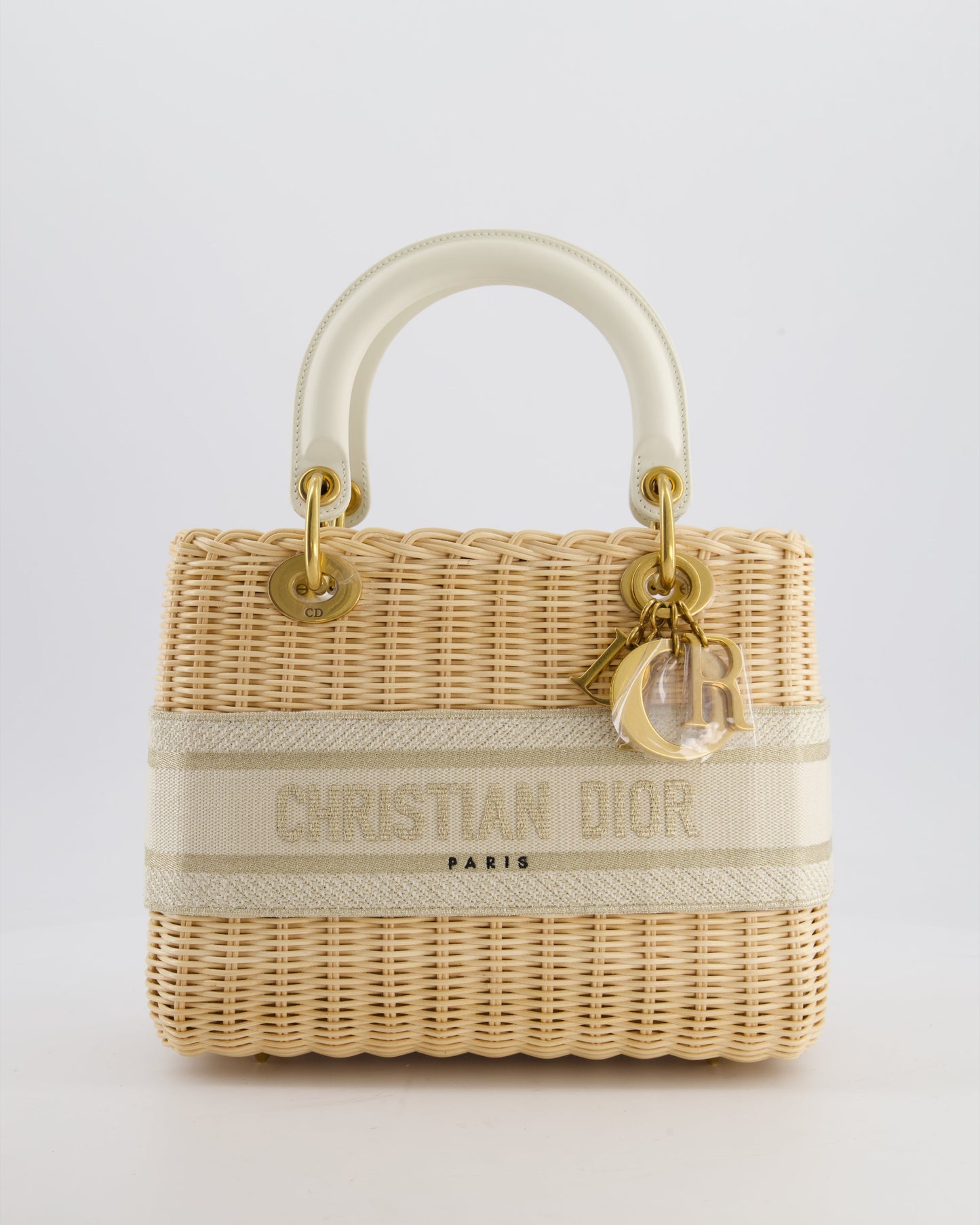 Christian Dior Medium Dioriviera Lady Dior Basket Bag in Natural Wicker and Ecru/Beige Canvas With Antique Gold Hardware