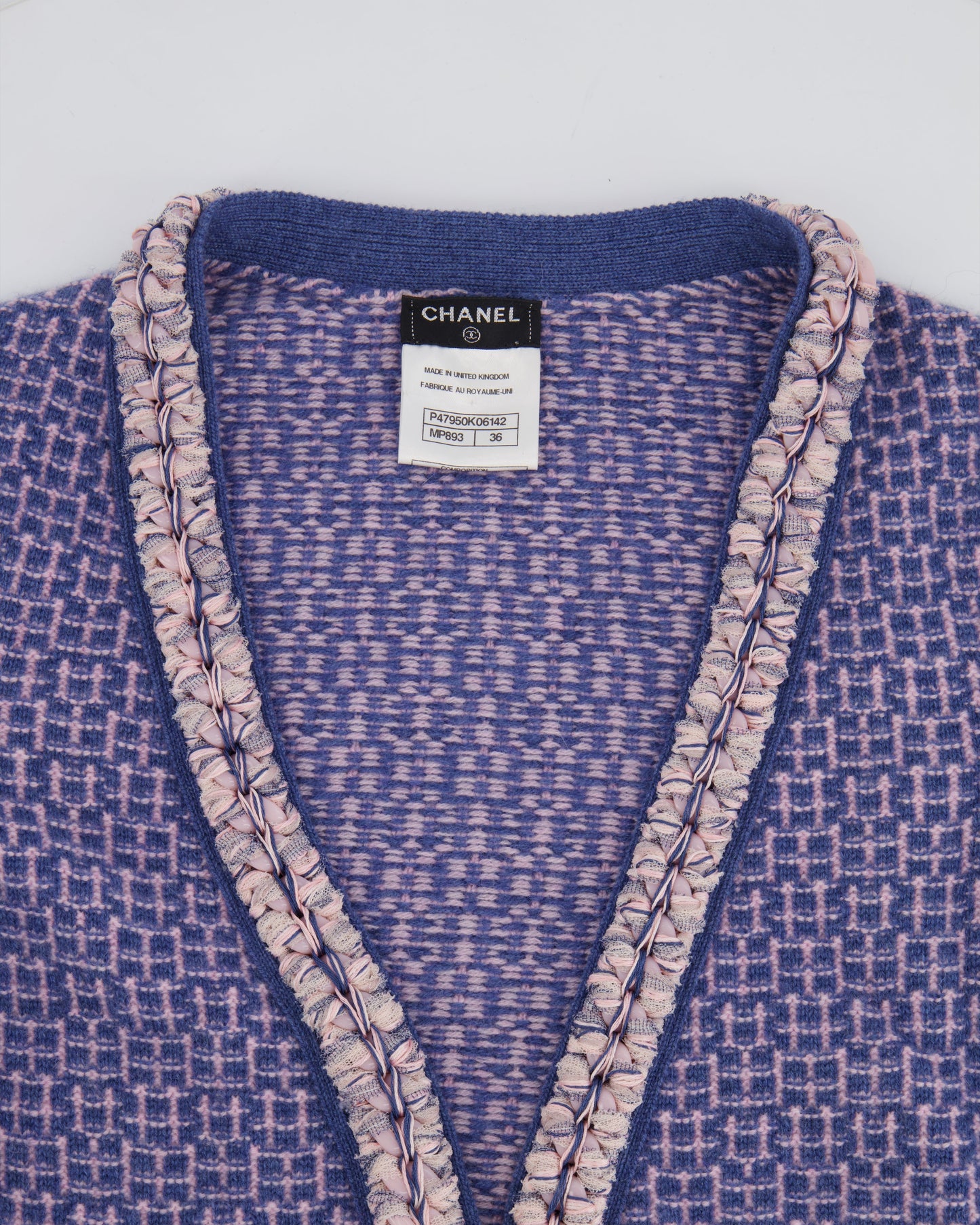 Chanel 11/C Blue and Pink Cashmere Knitted Cardigan with Braided Trim Detail Size FR 36 (UK 8)