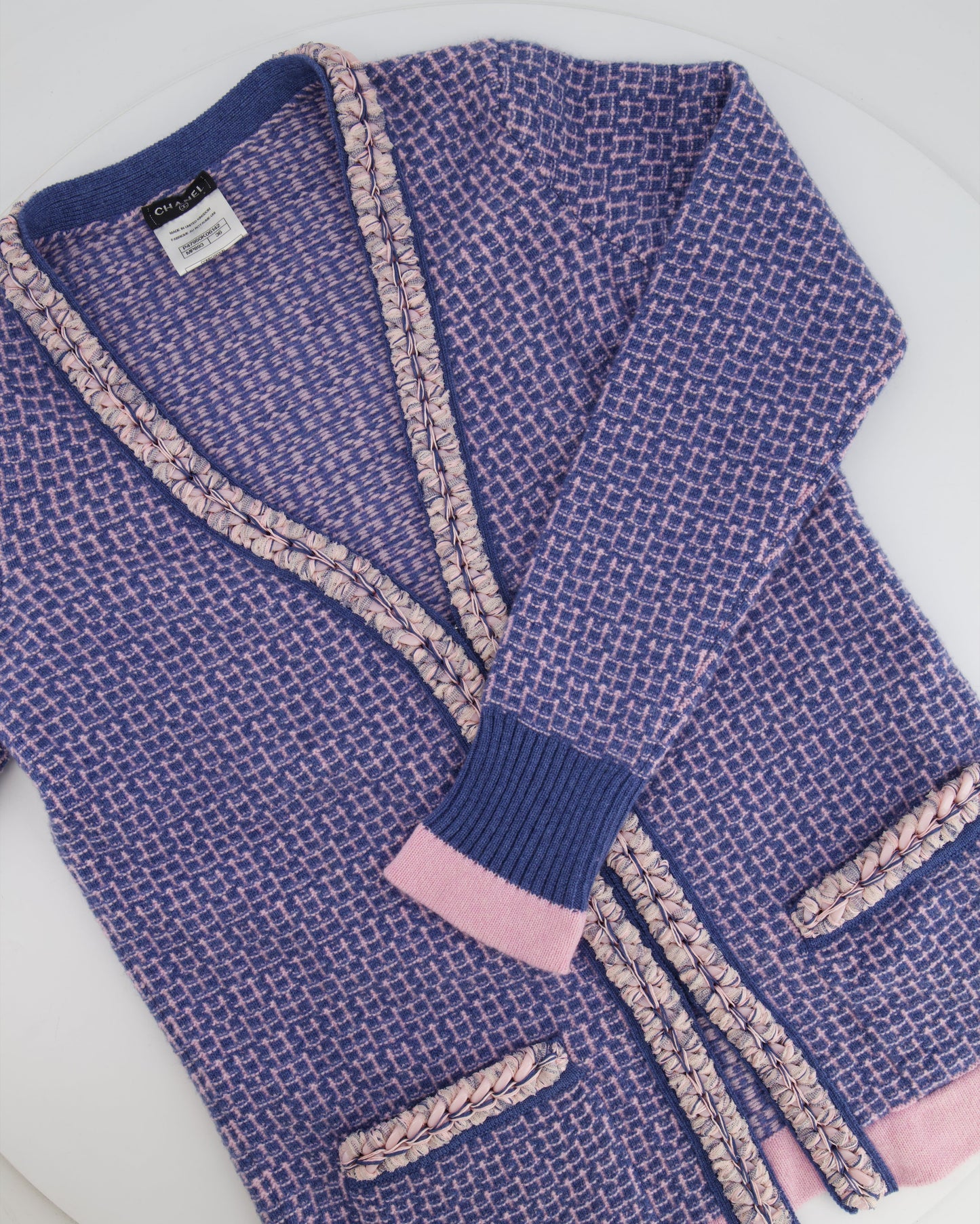 Chanel 11/C Blue and Pink Cashmere Knitted Cardigan with Braided Trim Detail Size FR 36 (UK 8)