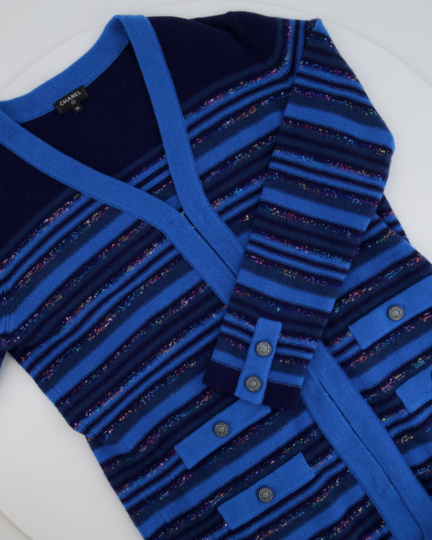 Chanel 20C Blue and Navy Cashmere Striped Long Cardigan with Multicolour Sequins Detail and Silver Camelia CC Buttons Size FR 36 (UK 8)