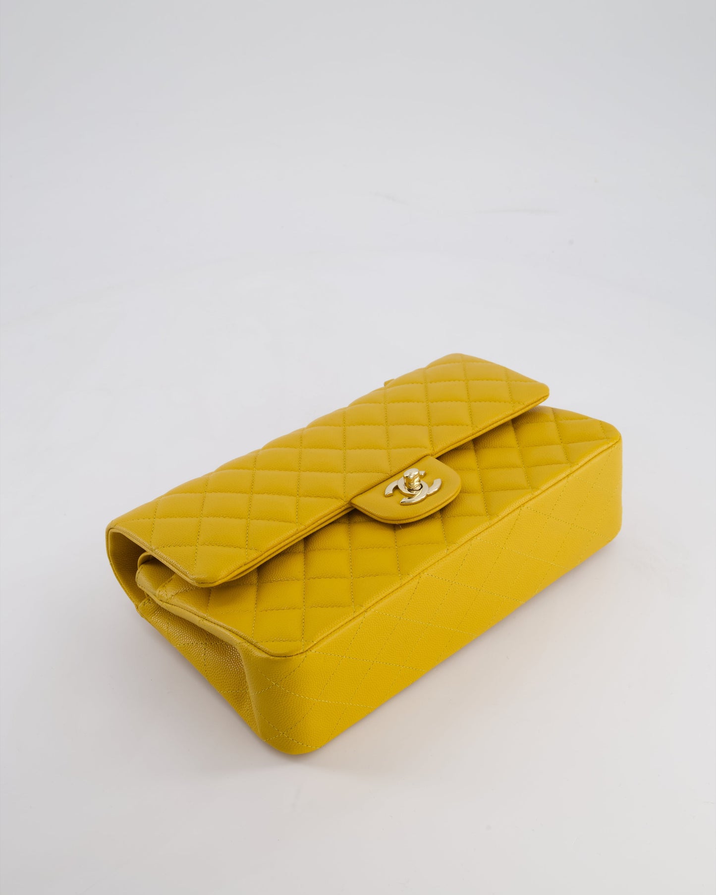 Chanel Medium Classic Double Flap Bag in Mustard Yellow Caviar Leather with Gold Hardware