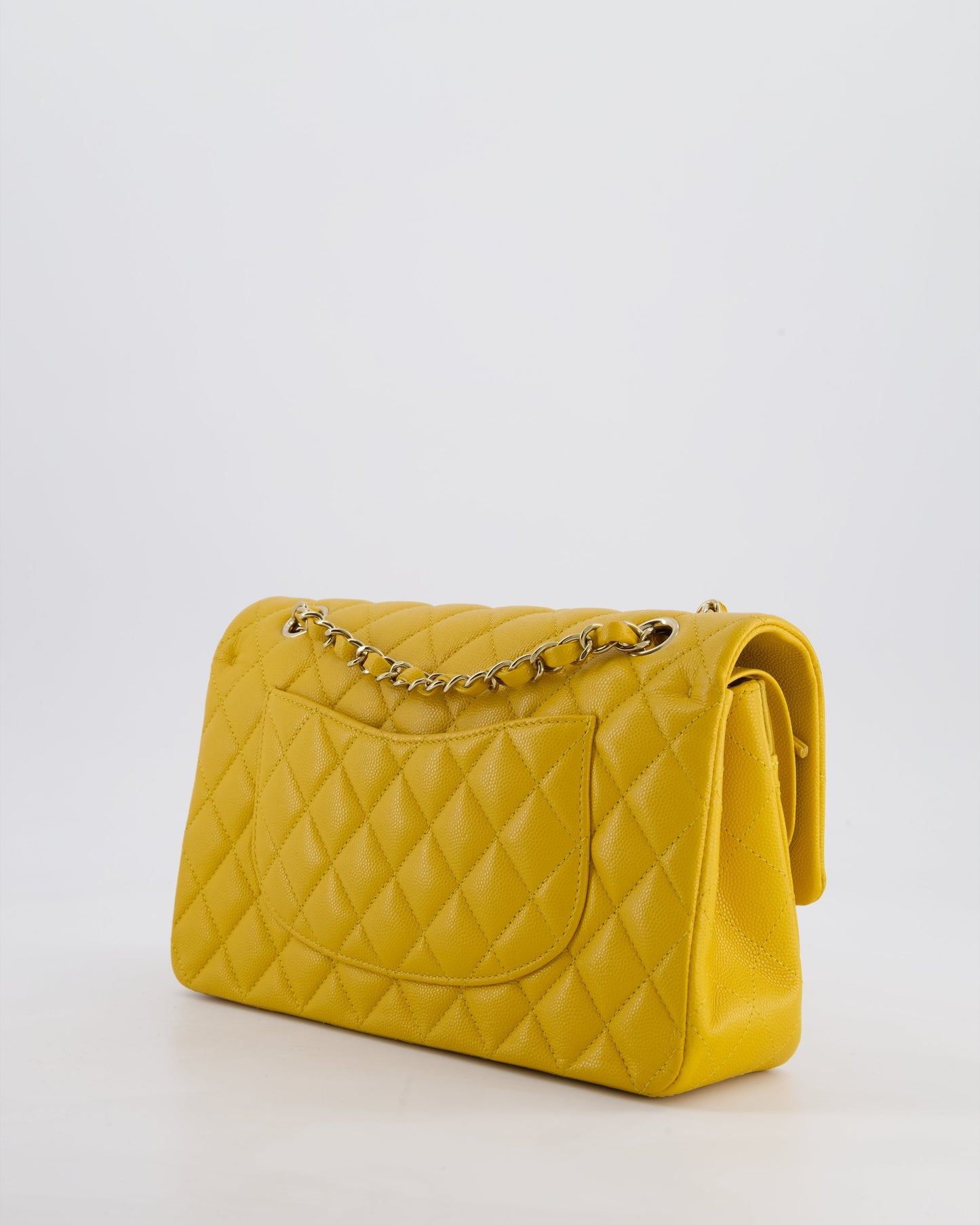 Chanel Medium Classic Double Flap Bag in Mustard Yellow Caviar Leather with Gold Hardware