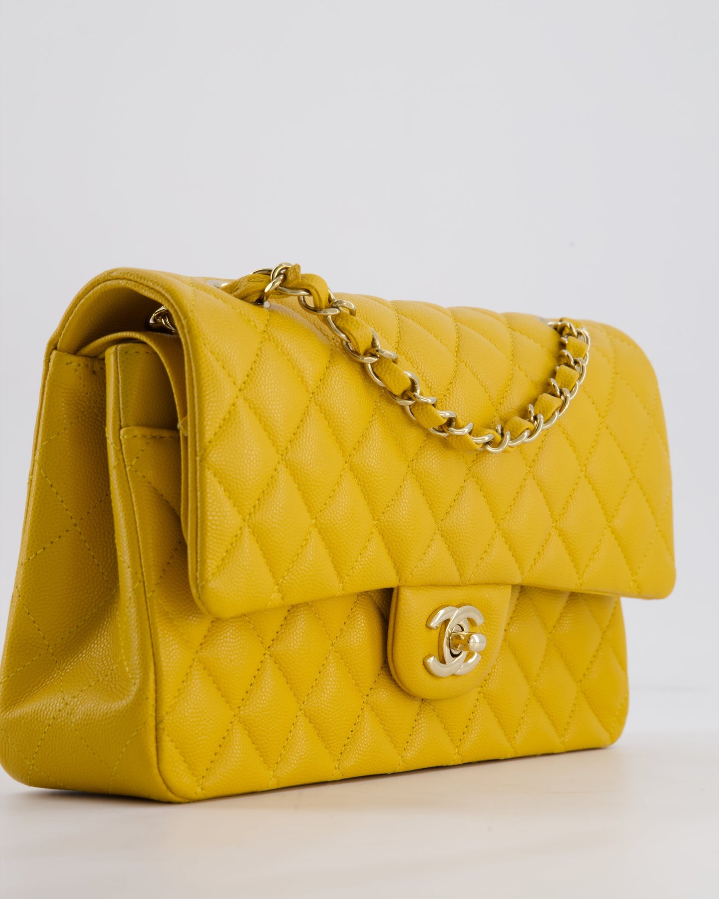 Chanel Medium Classic Double Flap Bag in Mustard Yellow Caviar Leather with Gold Hardware