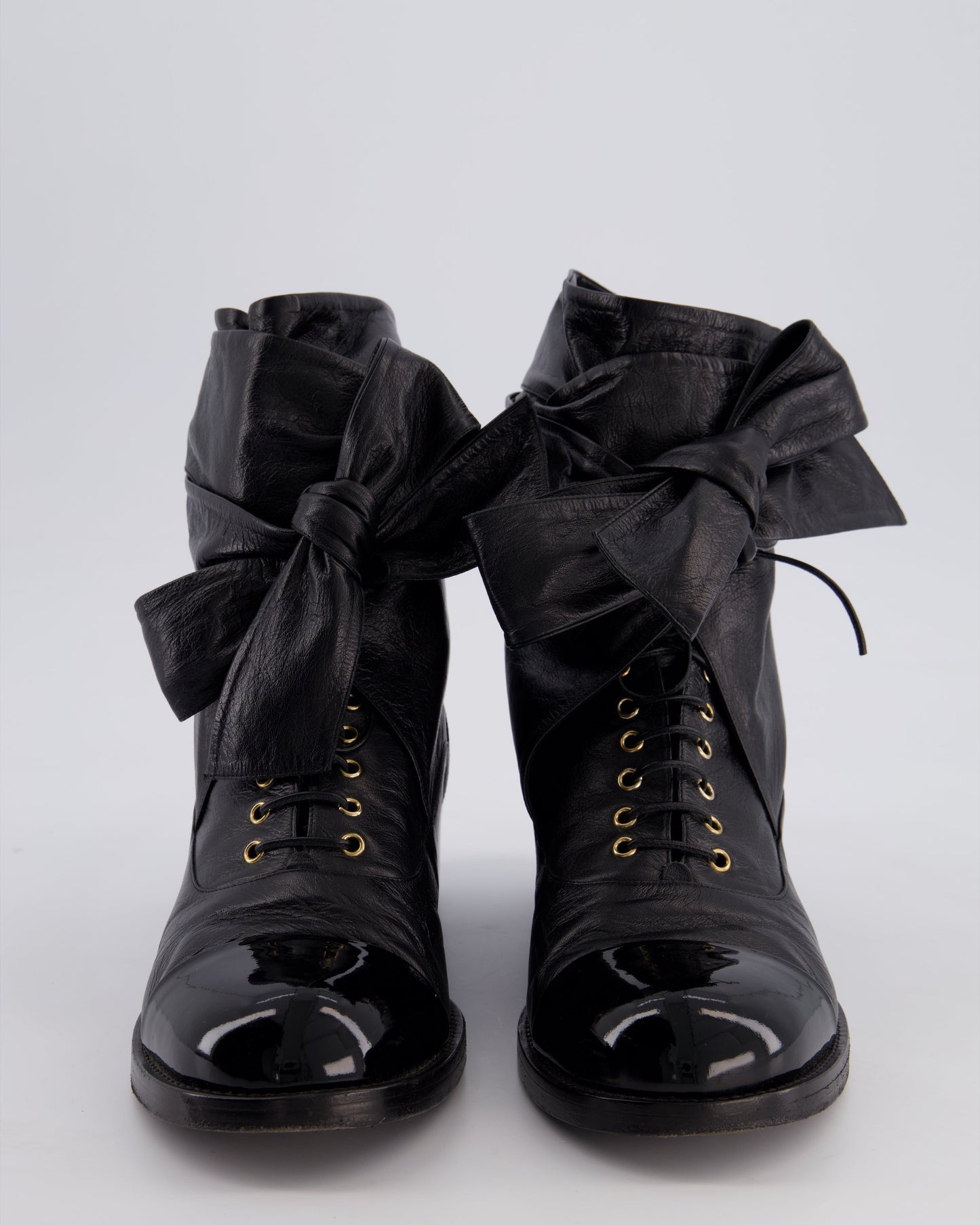 Chanel Black Crumpled Calfskin Lace Up Combat Boots with Tie-Up Straps & Patent Leather Toe Cap Detail Size EU 40