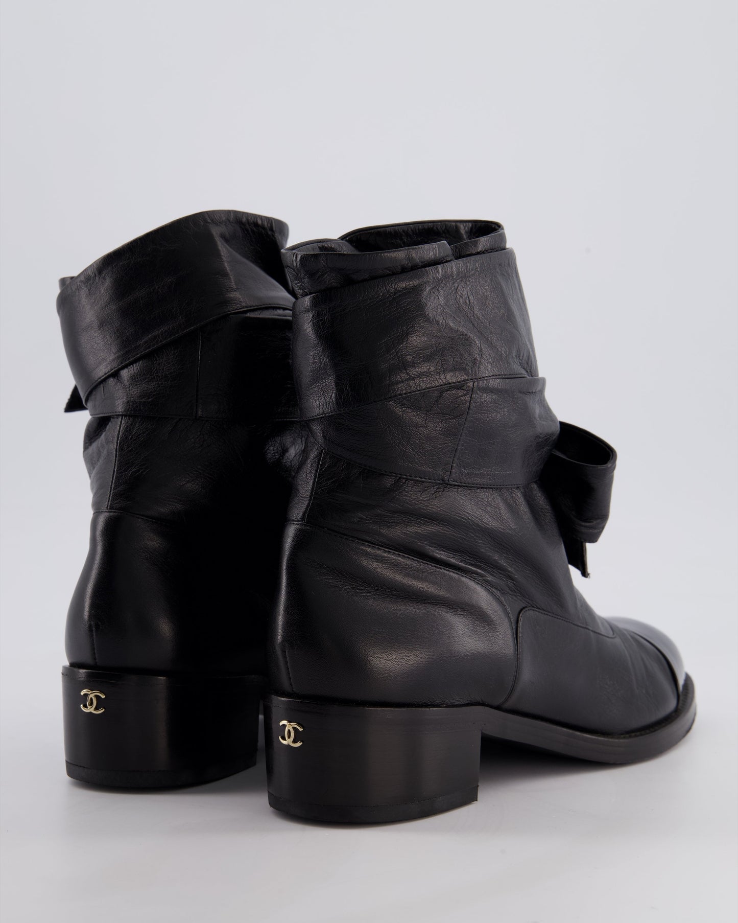 Chanel Black Crumpled Calfskin Lace Up Combat Boots with Tie-Up Straps & Patent Leather Toe Cap Detail Size EU 40