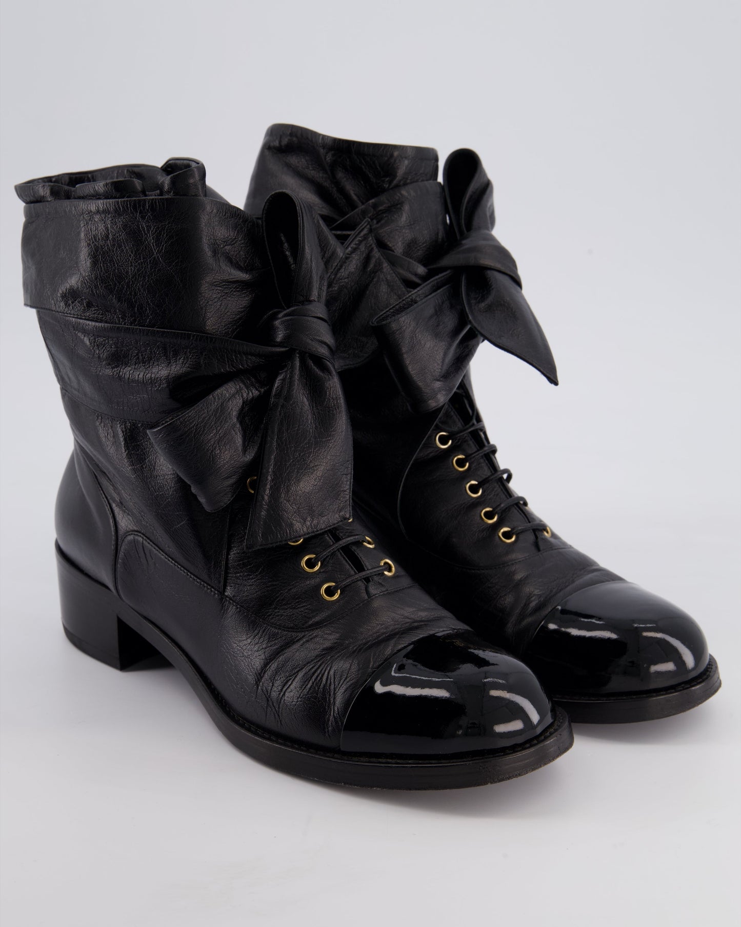 Chanel Black Crumpled Calfskin Lace Up Combat Boots with Tie-Up Straps & Patent Leather Toe Cap Detail Size EU 40