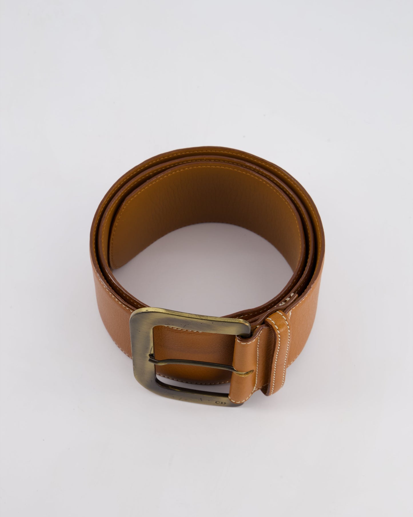 Christian Dior Wide Brown Leather Belt with Large Brass-Toned Buckle Size L