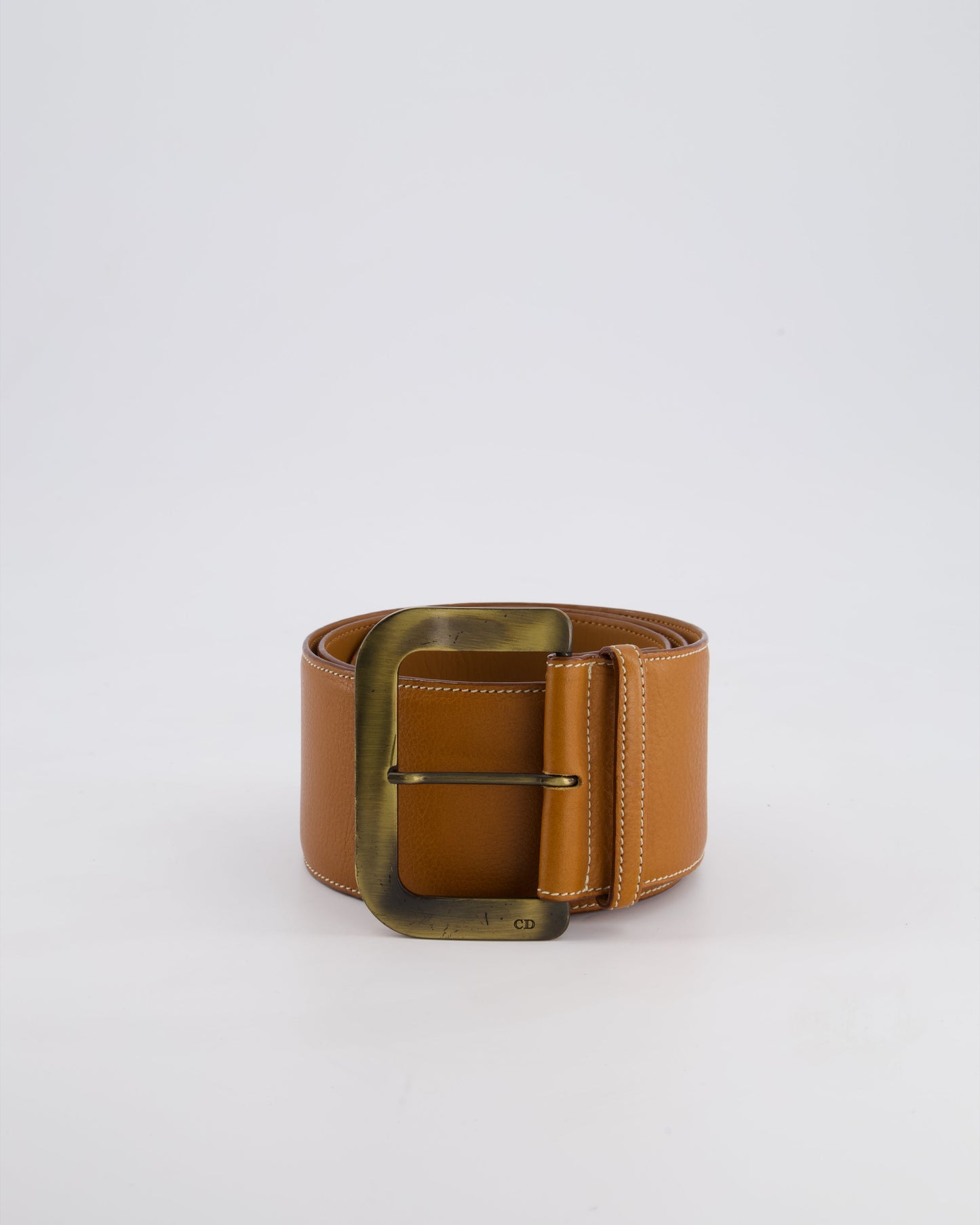 Christian Dior Wide Brown Leather Belt with Large Brass-Toned Buckle Size L