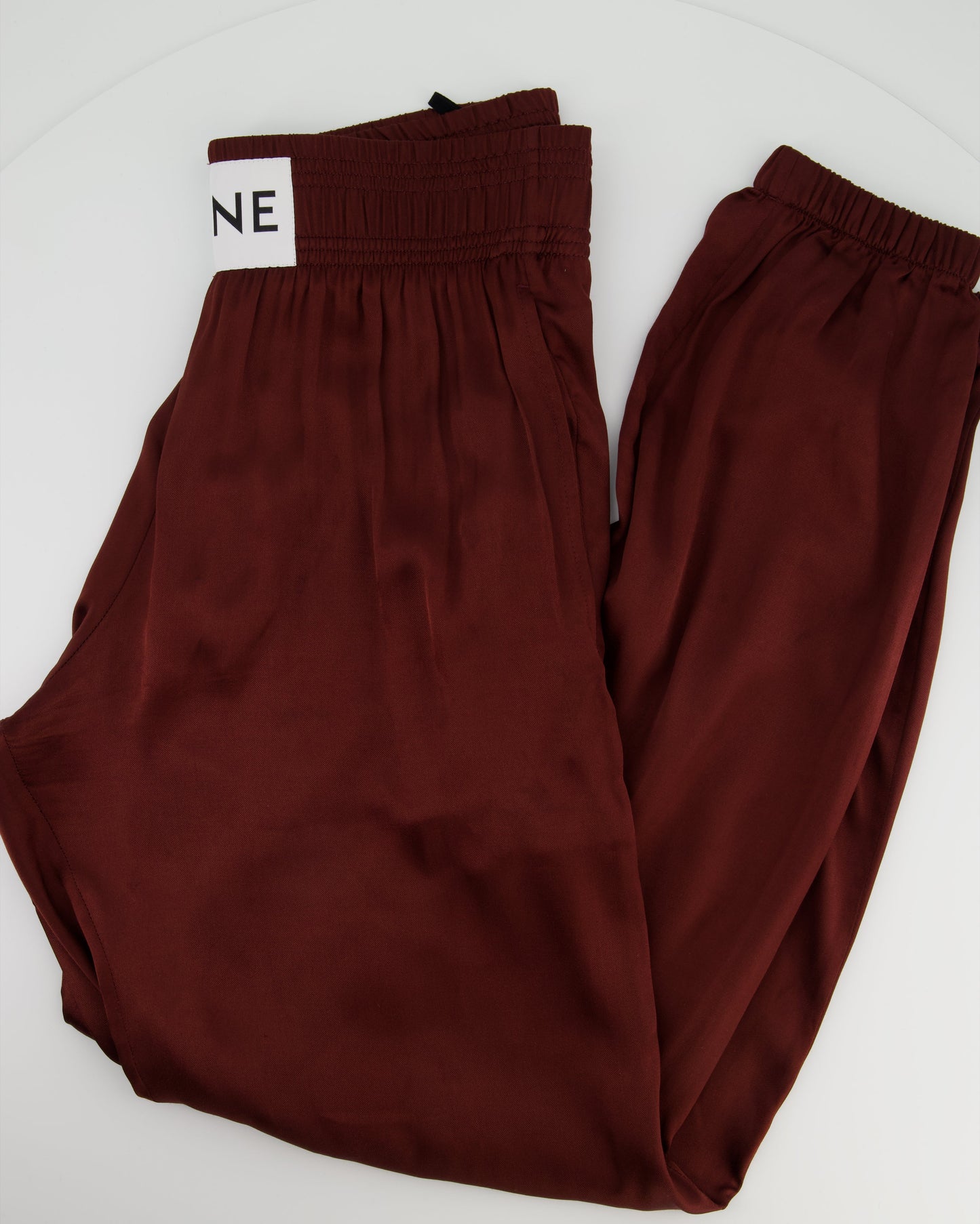 Celine Burgundy Satin Boxing Tro rs with Cuffed Hems and Waistband Logo Detail Size FR 34 (UK 6)
