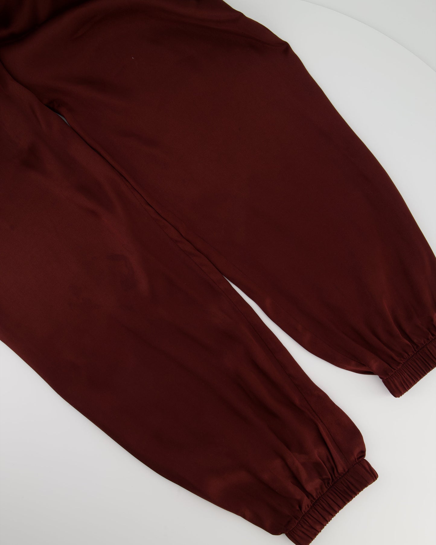Celine Burgundy Satin Boxing Tro rs with Cuffed Hems and Waistband Logo Detail Size FR 34 (UK 6)