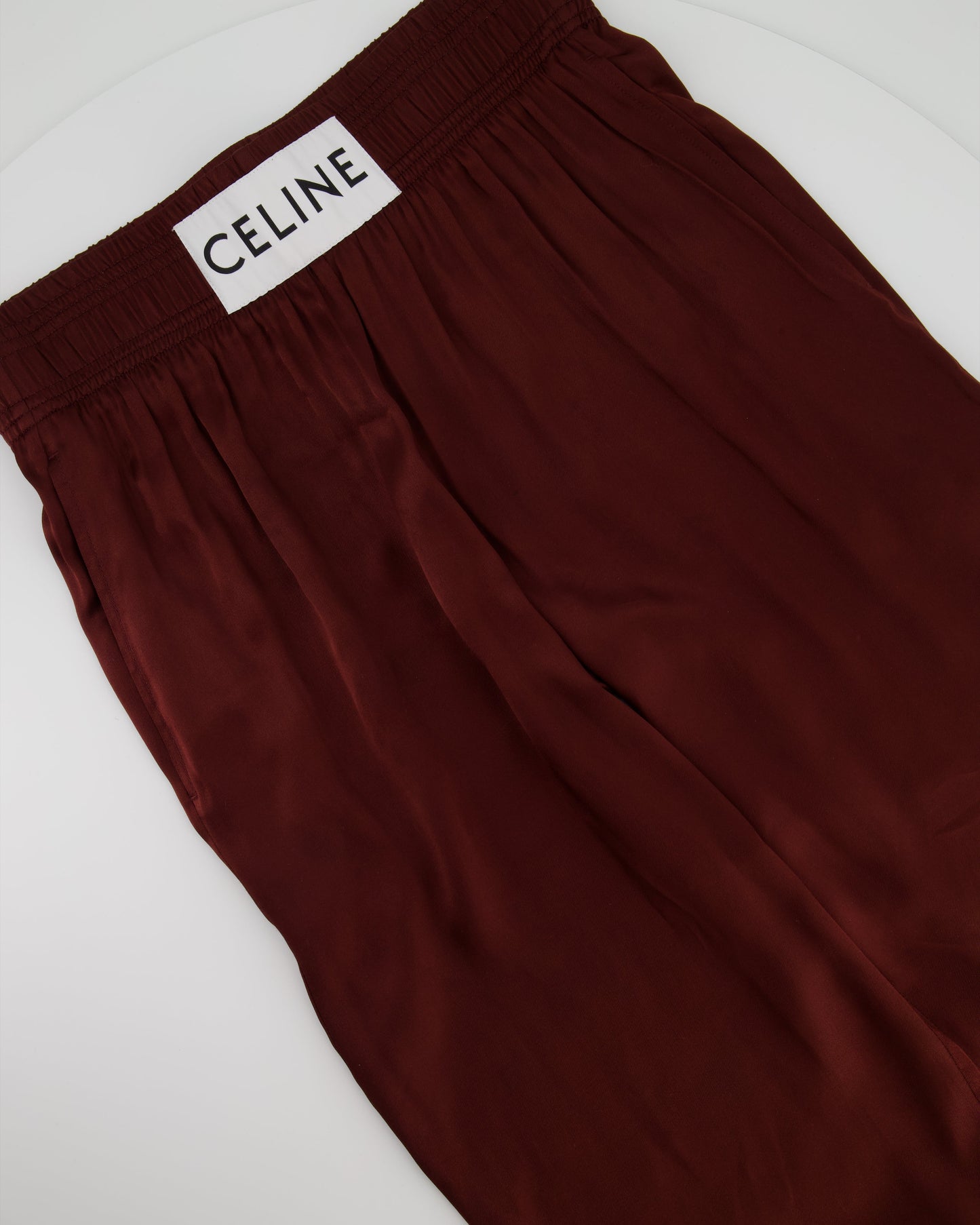 Celine Burgundy Satin Boxing Tro rs with Cuffed Hems and Waistband Logo Detail Size FR 34 (UK 6)
