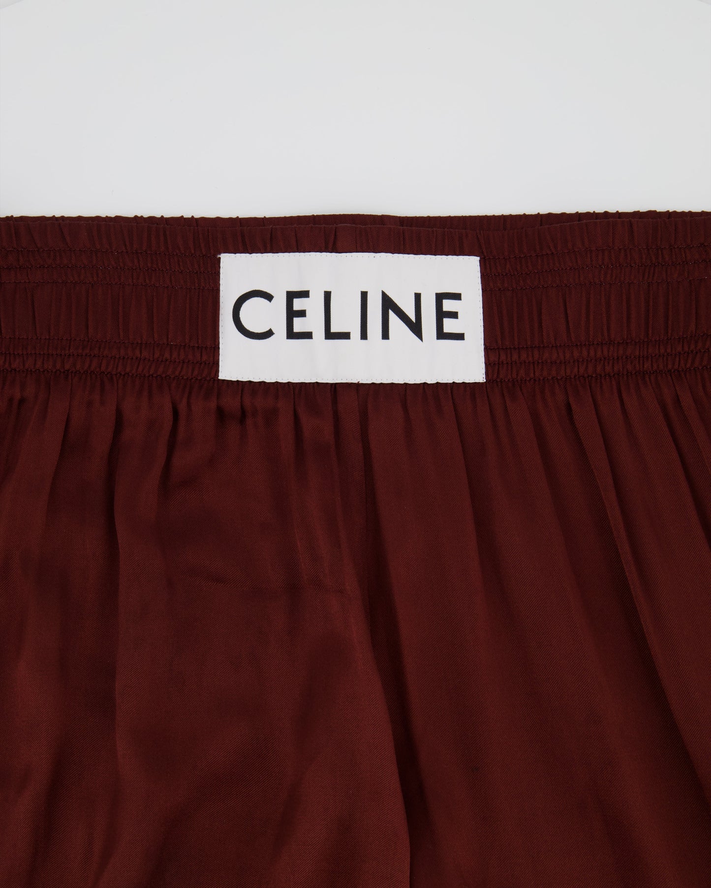 Celine Burgundy Satin Boxing Tro rs with Cuffed Hems and Waistband Logo Detail Size FR 34 (UK 6)