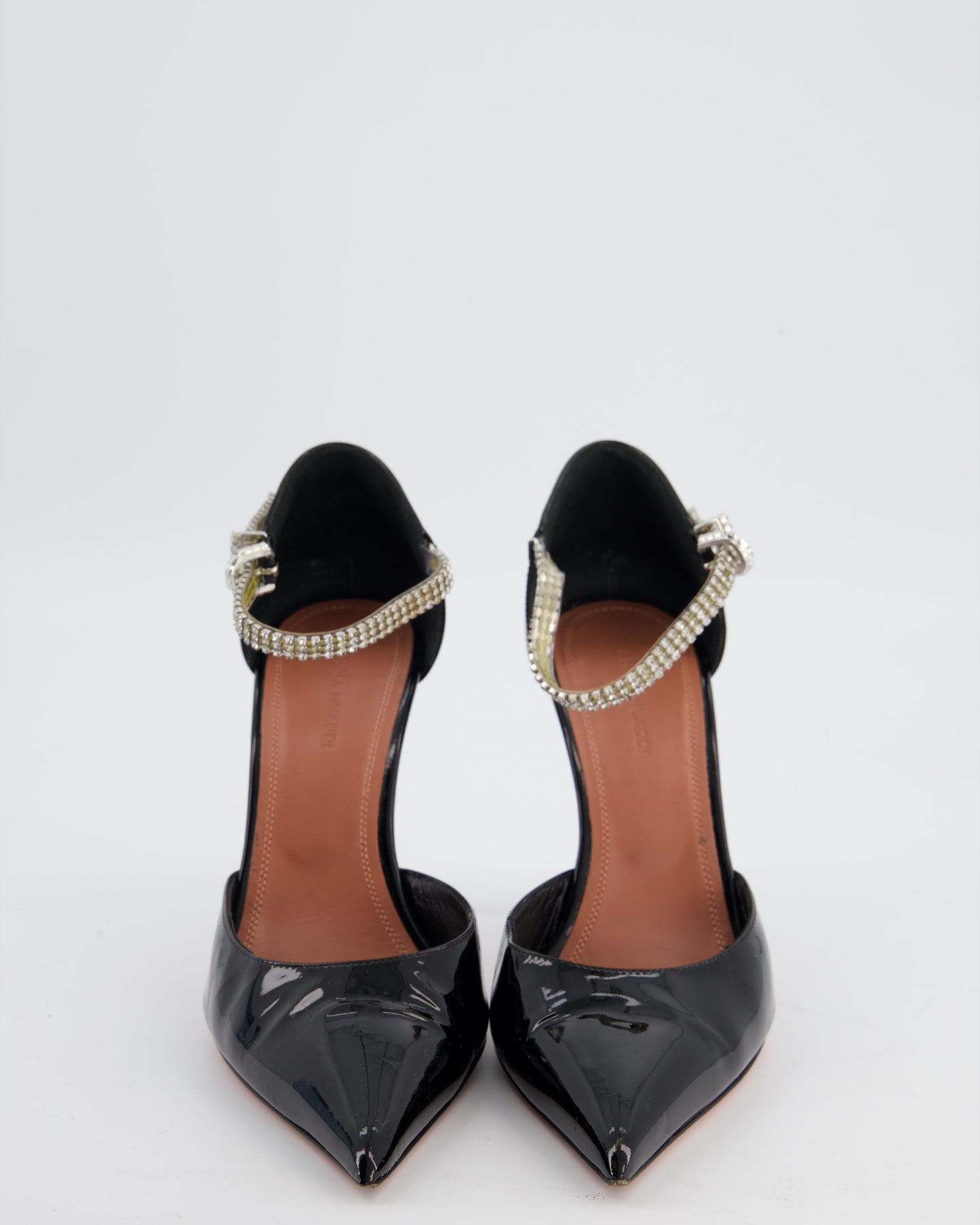Amina Muaddi Black Patent Leather Pointed Toe Heels with Crystal Strap Detail Size EU 38