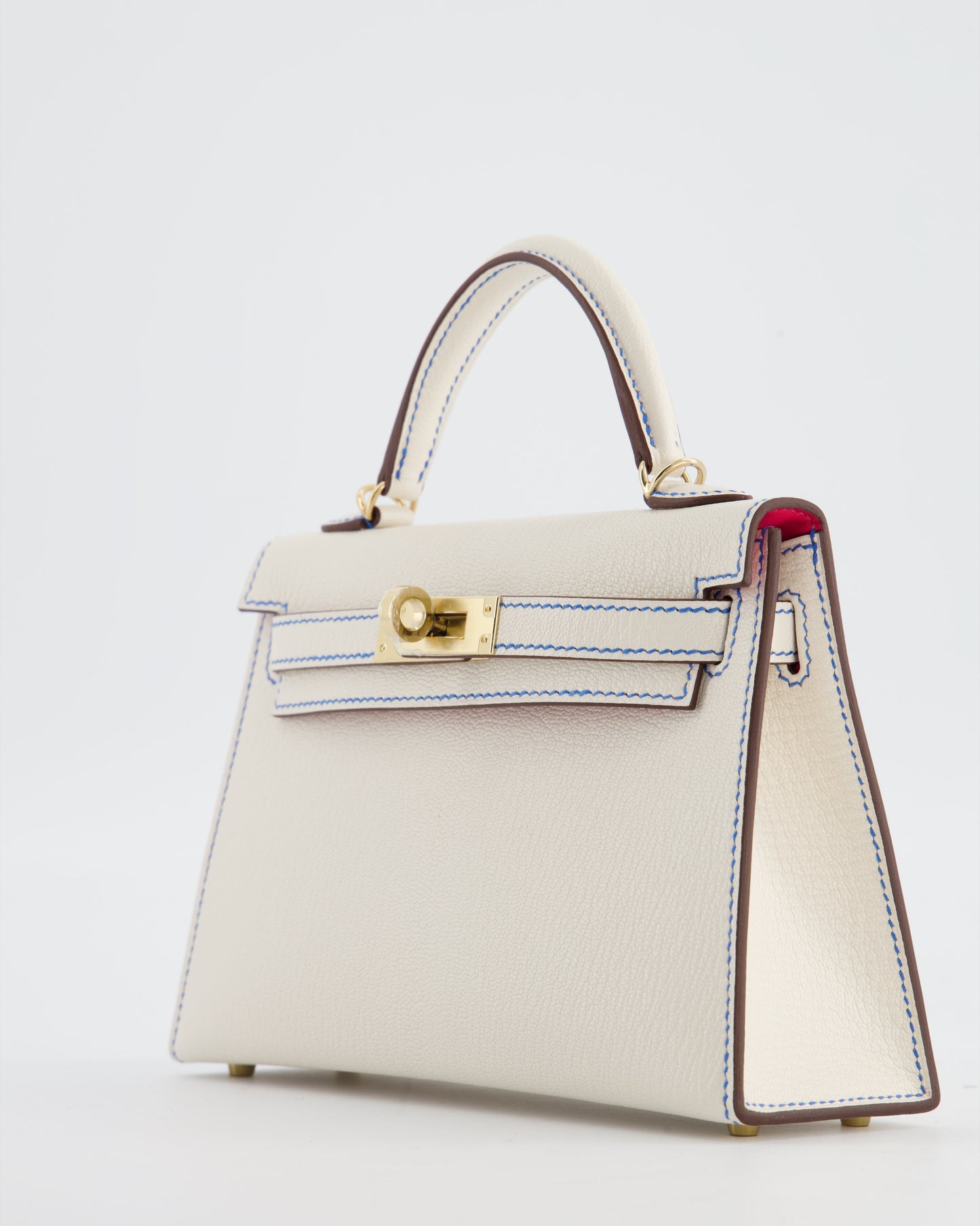 *SUPER RARE* Herm�s HSS Mini Kelly II 20 Bag in Nata Ch�vre Mysore Leather with Framboise Interior,  Blue France Contrast Stitching and Permabrass Hardware