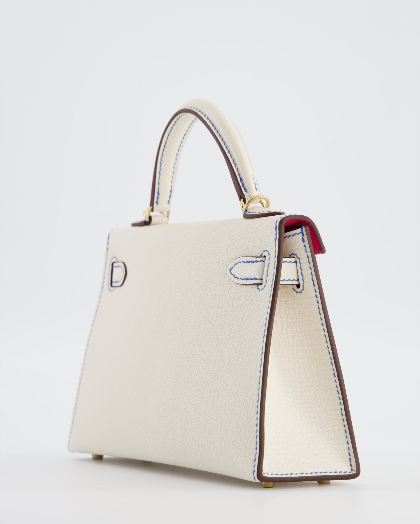 *SUPER RARE* Herm�s HSS Mini Kelly II 20 Bag in Nata Ch�vre Mysore Leather with Framboise Interior,  Blue France Contrast Stitching and Permabrass Hardware