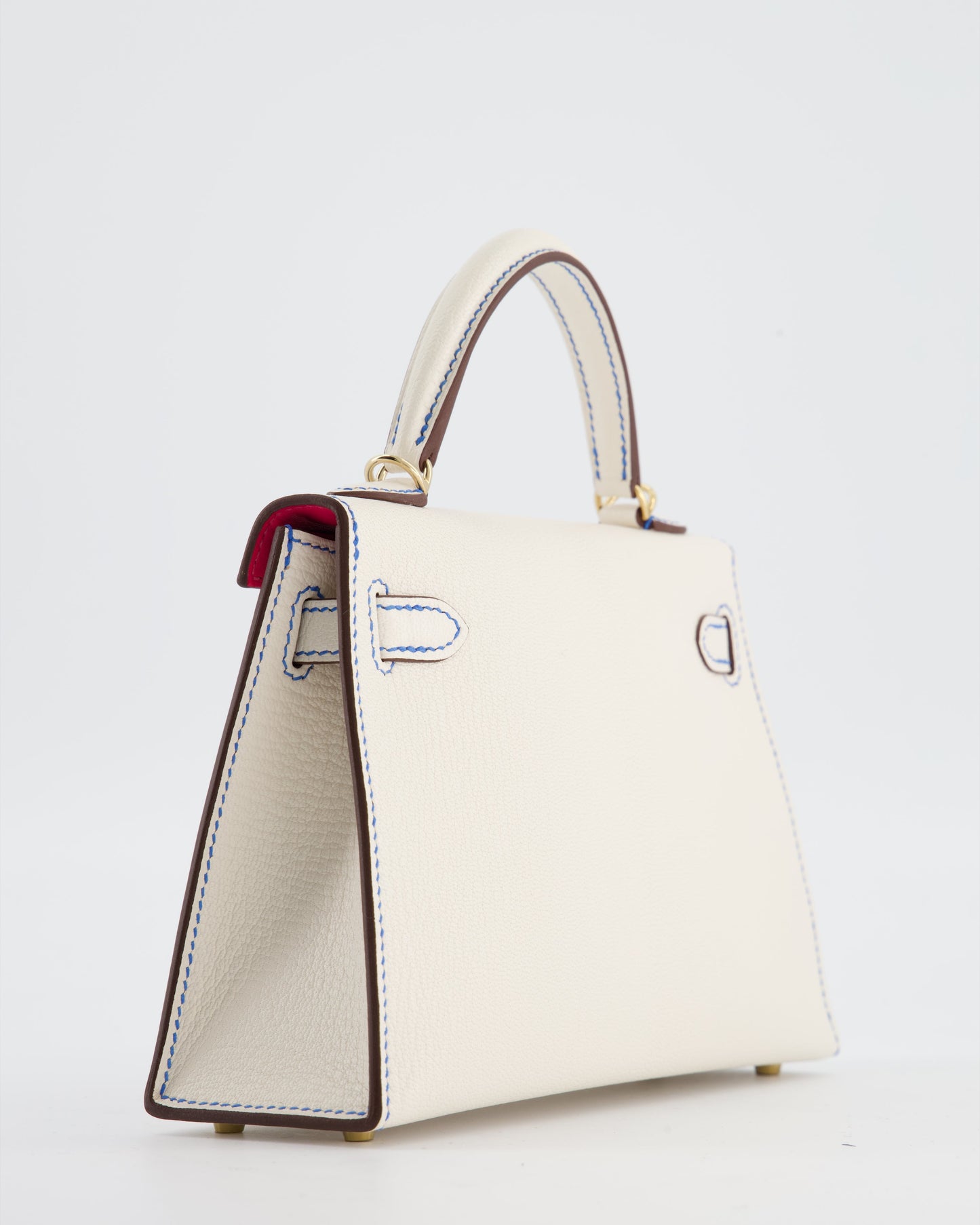 *SUPER RARE* Herm�s HSS Mini Kelly II 20 Bag in Nata Ch�vre Mysore Leather with Framboise Interior,  Blue France Contrast Stitching and Permabrass Hardware