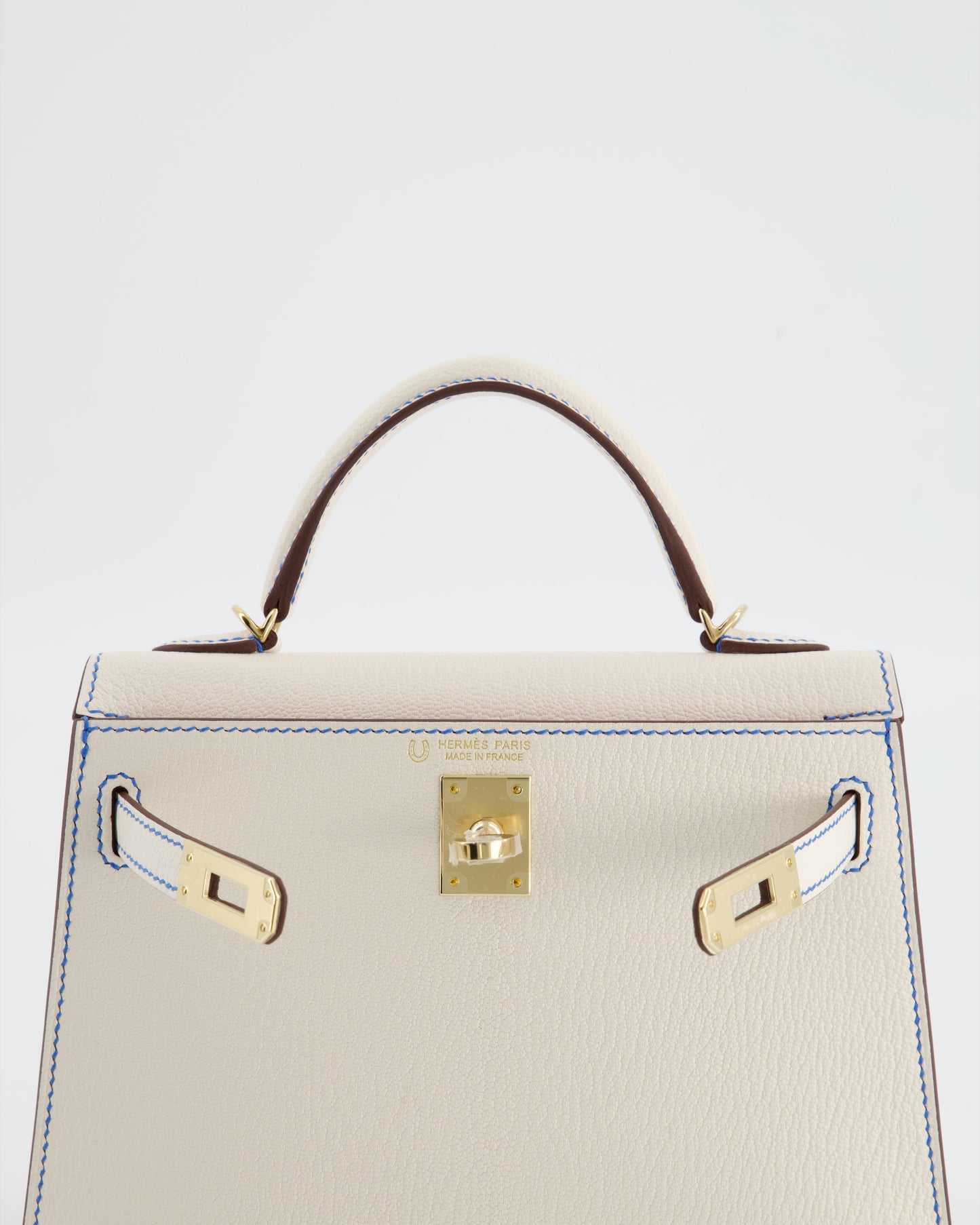 *SUPER RARE* Herm�s HSS Mini Kelly II 20 Bag in Nata Ch�vre Mysore Leather with Framboise Interior,  Blue France Contrast Stitching and Permabrass Hardware