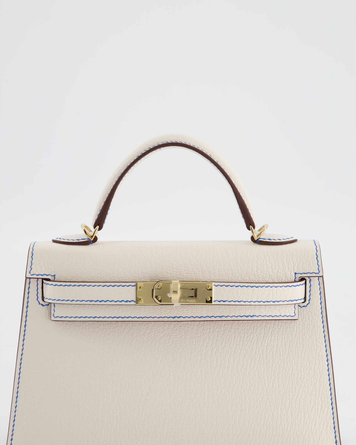 *SUPER RARE* Herm�s HSS Mini Kelly II 20 Bag in Nata Ch�vre Mysore Leather with Framboise Interior,  Blue France Contrast Stitching and Permabrass Hardware