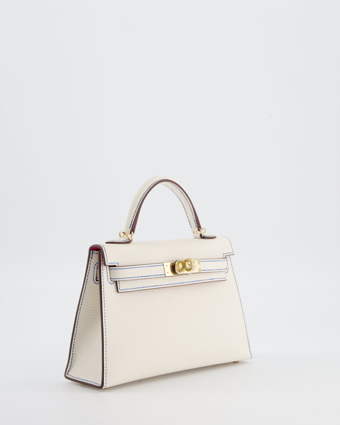*SUPER RARE* Herm�s HSS Mini Kelly II 20 Bag in Nata Ch�vre Mysore Leather with Framboise Interior,  Blue France Contrast Stitching and Permabrass Hardware