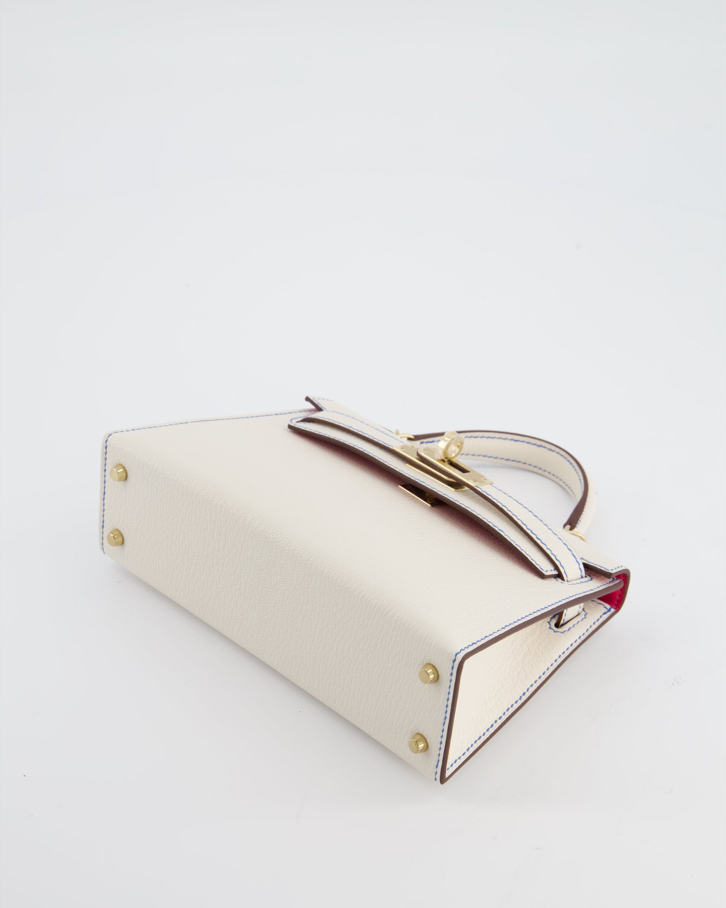 *SUPER RARE* Herm�s HSS Mini Kelly II 20 Bag in Nata Ch�vre Mysore Leather with Framboise Interior,  Blue France Contrast Stitching and Permabrass Hardware