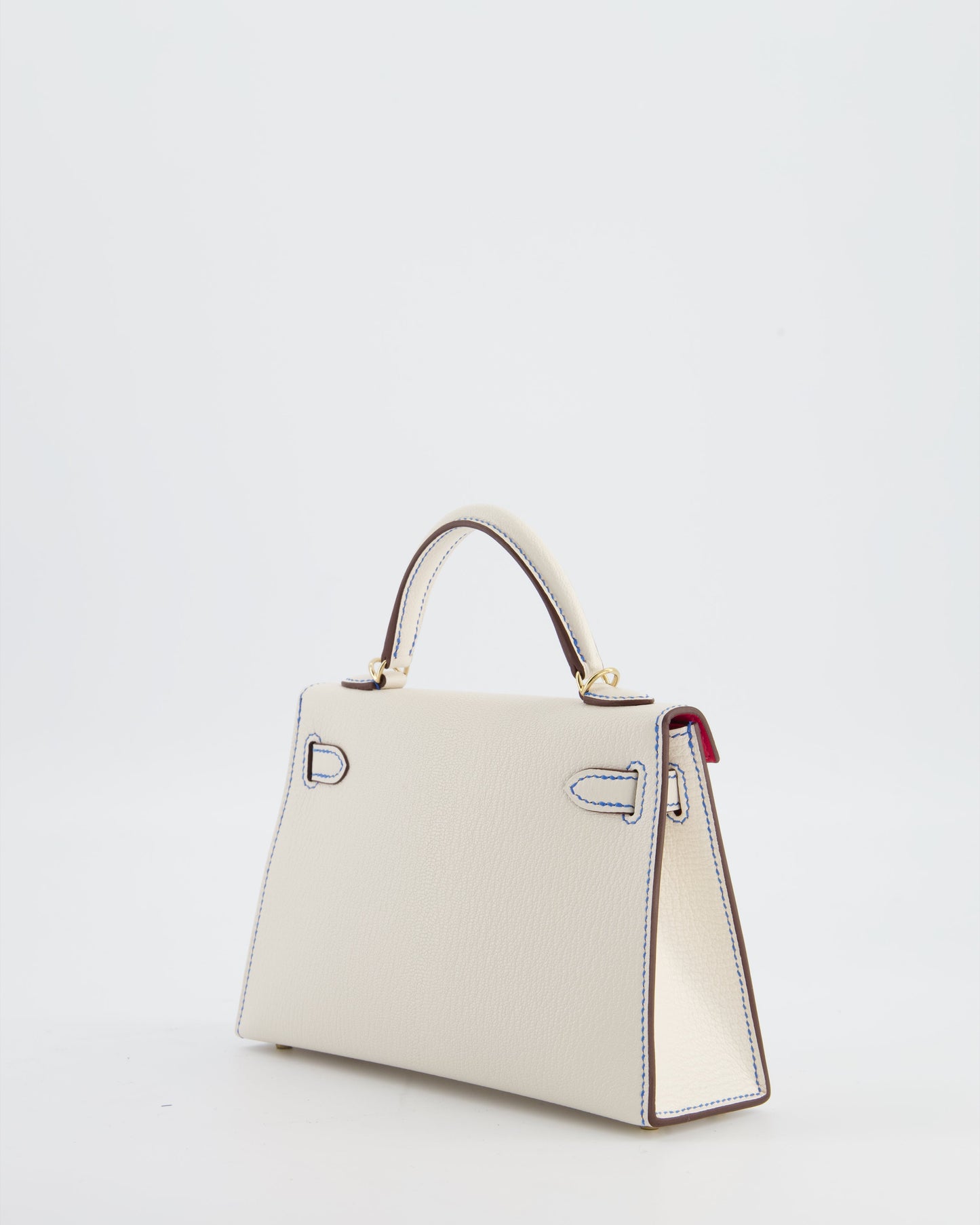 *SUPER RARE* Herm�s HSS Mini Kelly II 20 Bag in Nata Ch�vre Mysore Leather with Framboise Interior,  Blue France Contrast Stitching and Permabrass Hardware