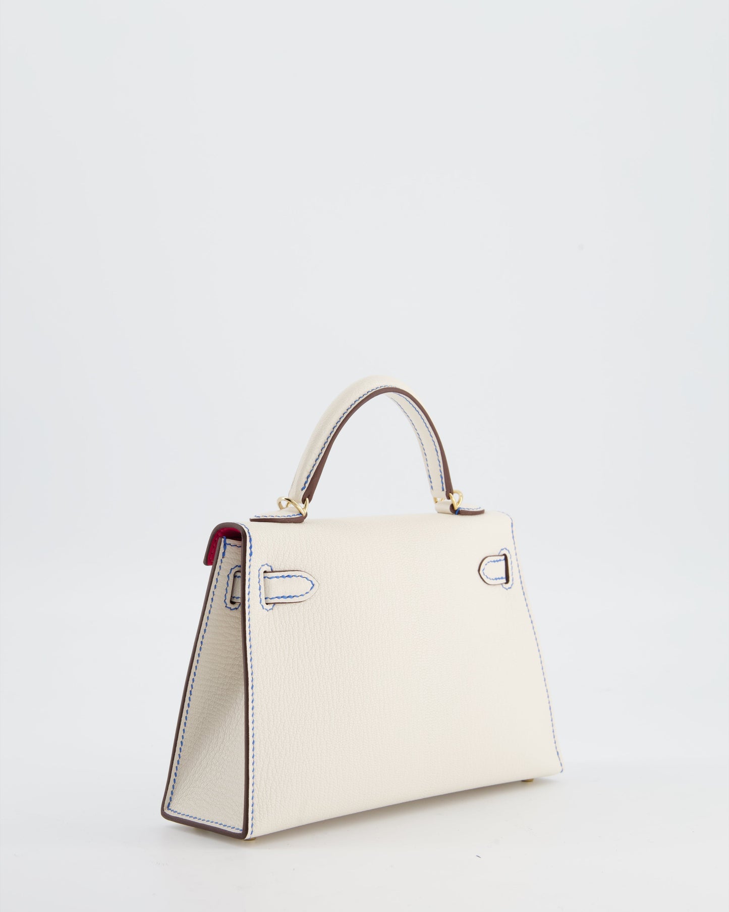 *SUPER RARE* Herm�s HSS Mini Kelly II 20 Bag in Nata Ch�vre Mysore Leather with Framboise Interior,  Blue France Contrast Stitching and Permabrass Hardware
