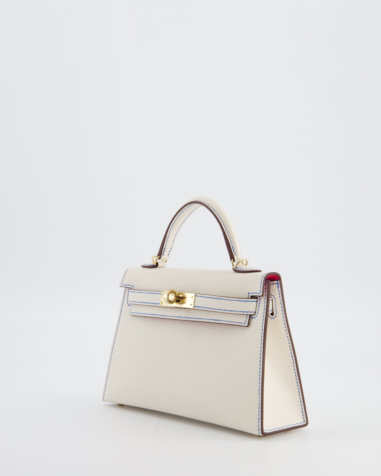*SUPER RARE* Herm�s HSS Mini Kelly II 20 Bag in Nata Ch�vre Mysore Leather with Framboise Interior,  Blue France Contrast Stitching and Permabrass Hardware