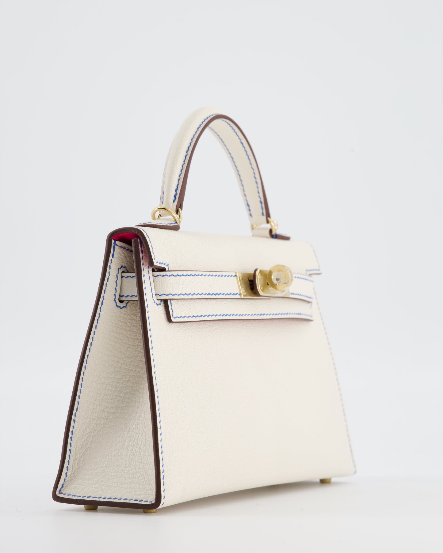 *SUPER RARE* Herm�s HSS Mini Kelly II 20 Bag in Nata Ch�vre Mysore Leather with Framboise Interior,  Blue France Contrast Stitching and Permabrass Hardware