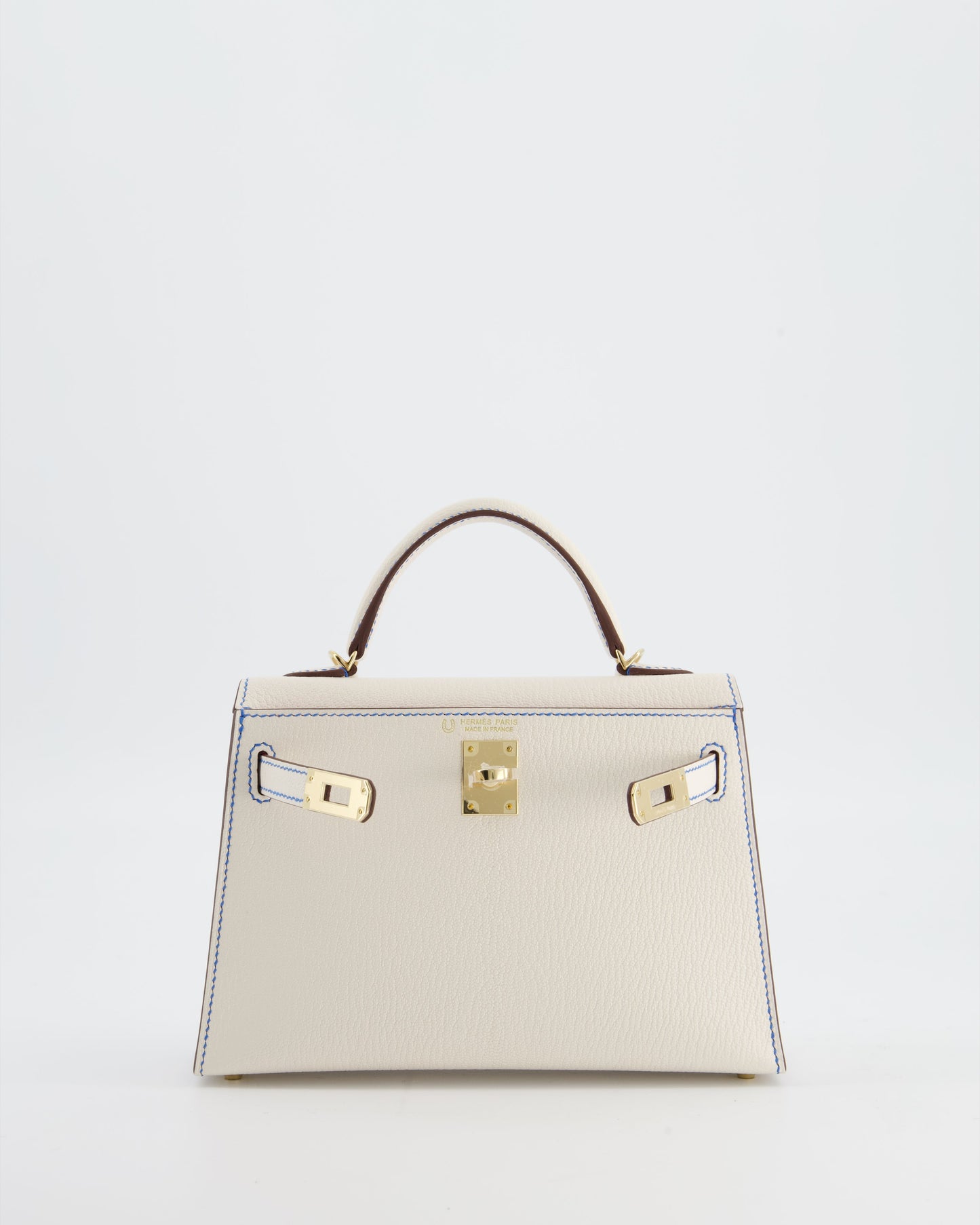 *SUPER RARE* Herm�s HSS Mini Kelly II 20 Bag in Nata Ch�vre Mysore Leather with Framboise Interior,  Blue France Contrast Stitching and Permabrass Hardware