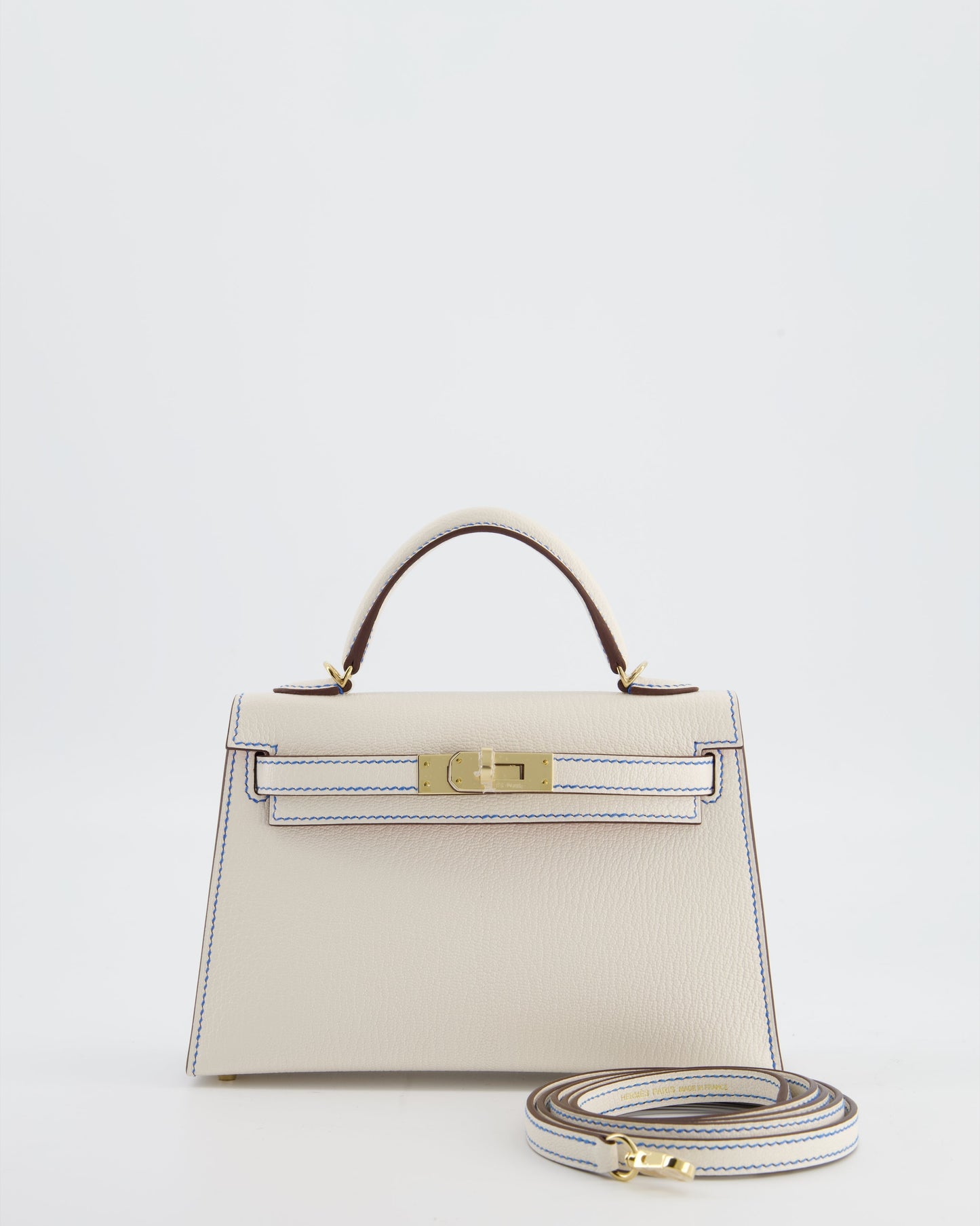 *SUPER RARE* Herm�s HSS Mini Kelly II 20 Bag in Nata Ch�vre Mysore Leather with Framboise Interior,  Blue France Contrast Stitching and Permabrass Hardware