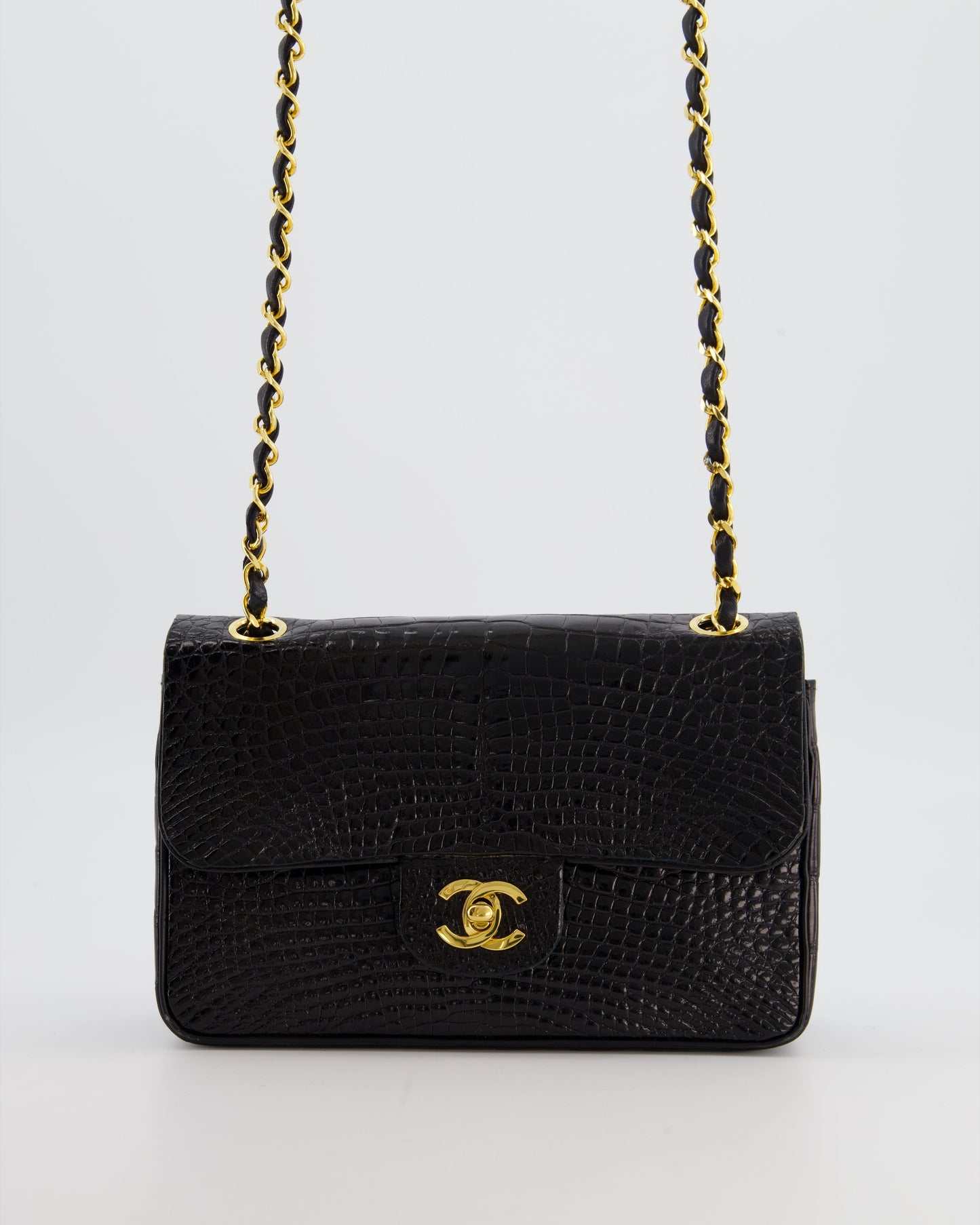 *RARE* Chanel Black   Classic Flap Bag in Shiny Crocodile Leather with 24K Gold Hardware
