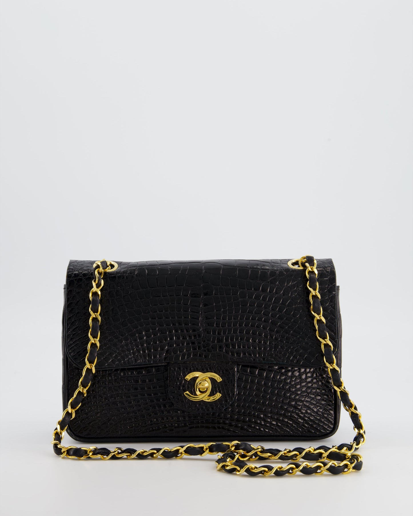 *RARE* Chanel Black   Classic Flap Bag in Shiny Crocodile Leather with 24K Gold Hardware