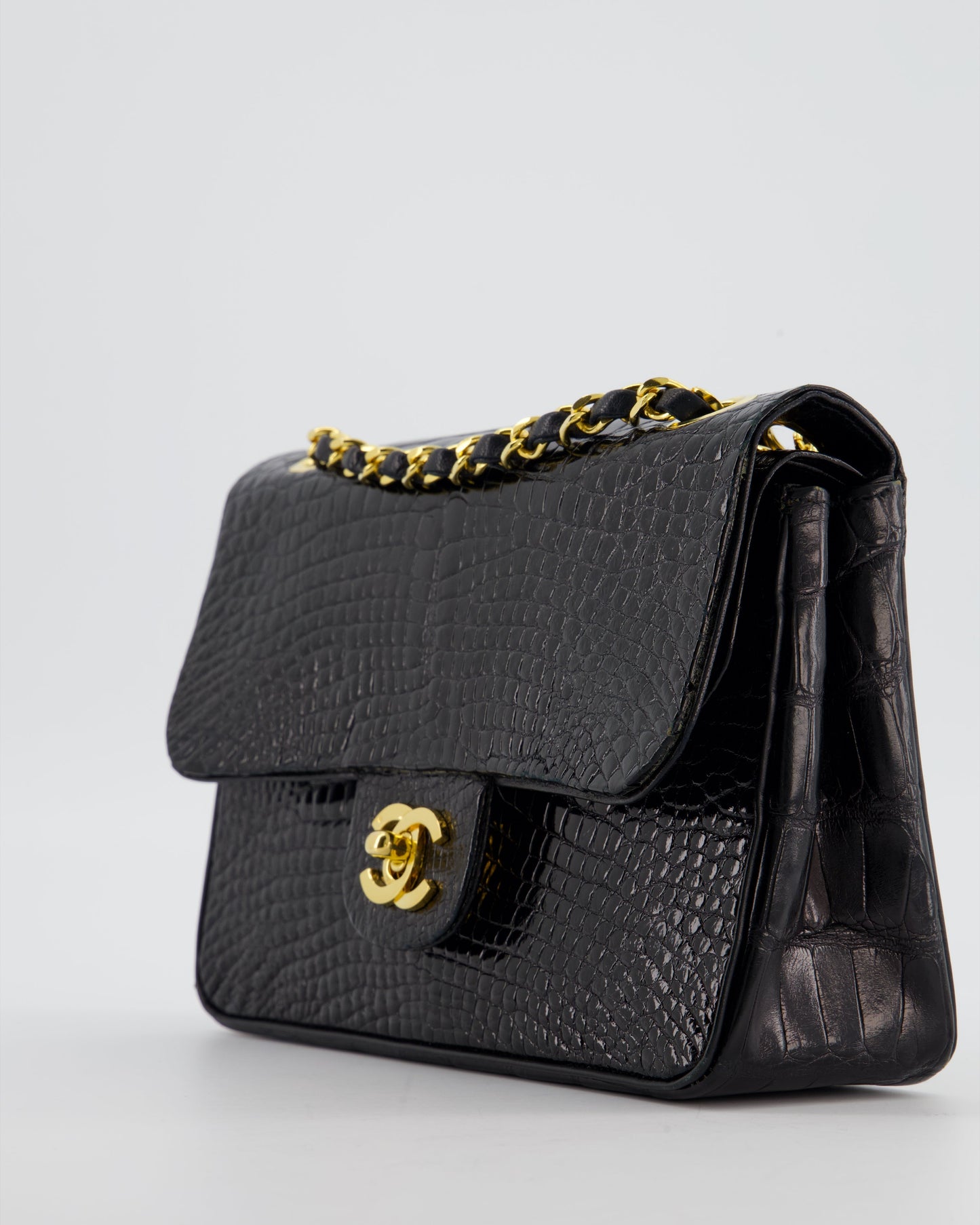 *RARE* Chanel Black   Classic Flap Bag in Shiny Crocodile Leather with 24K Gold Hardware