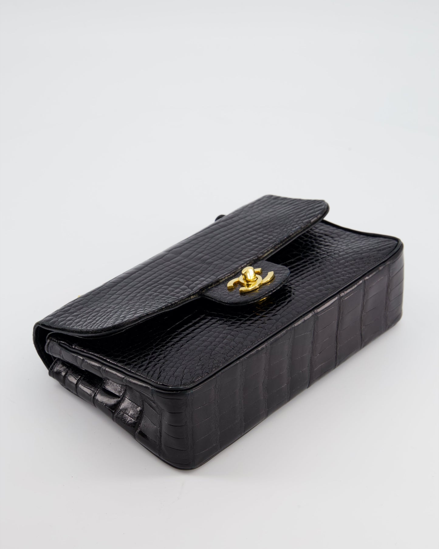 *RARE* Chanel Black   Classic Flap Bag in Shiny Crocodile Leather with 24K Gold Hardware