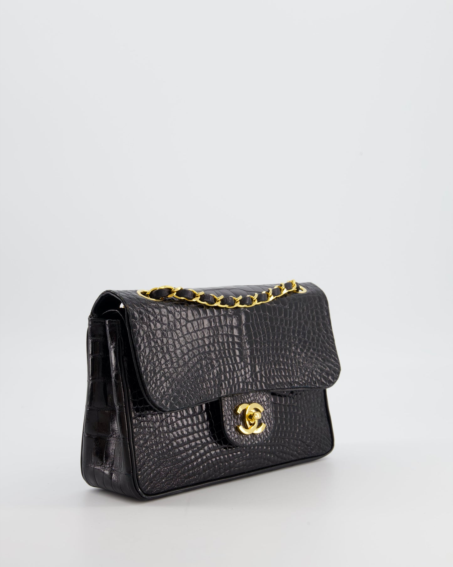 *RARE* Chanel Black Classic Flap Bag in Shiny Crocodile Leather with Gold Hardware