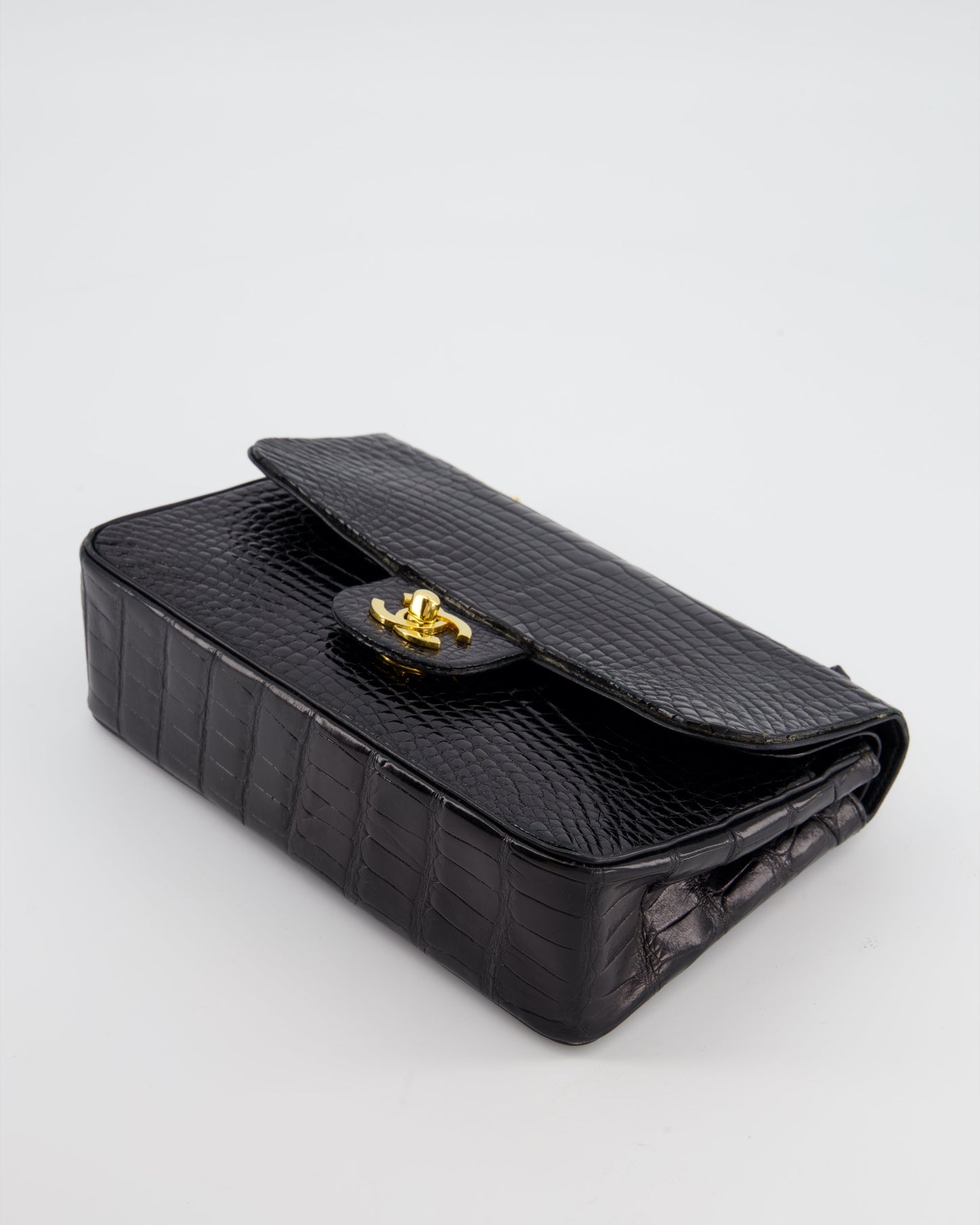 *RARE* Chanel Black Classic Flap Bag in Shiny Crocodile Leather with Gold Hardware