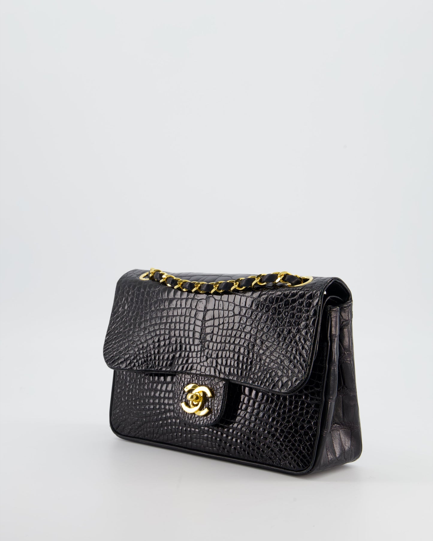 *RARE* Chanel Black Classic Flap Bag in Shiny Crocodile Leather with Gold Hardware