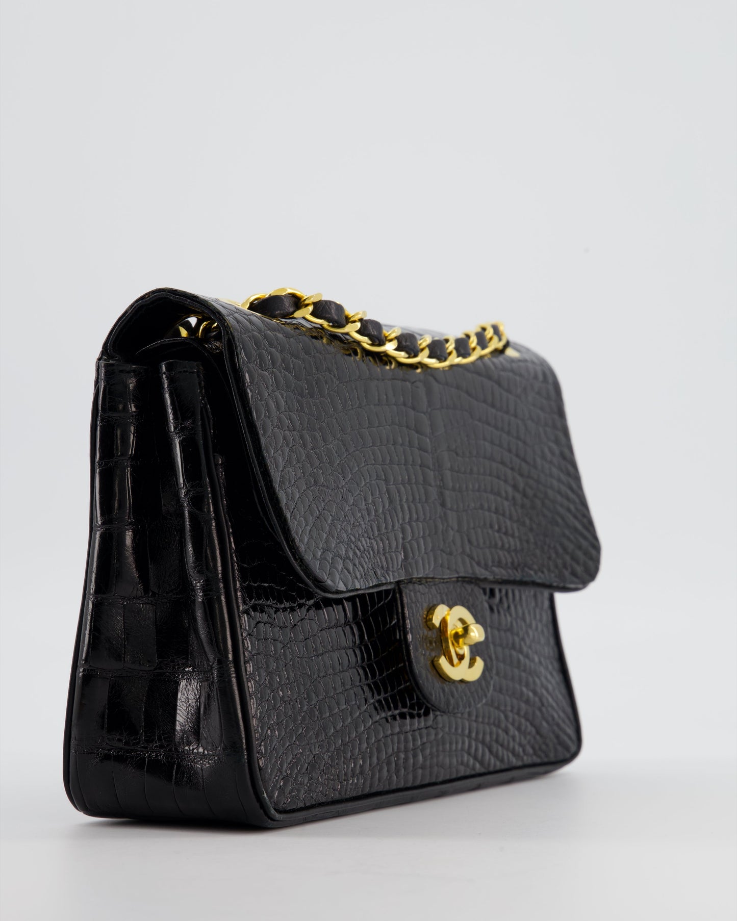 *RARE* Chanel Black   Classic Flap Bag in Shiny Crocodile Leather with 24K Gold Hardware