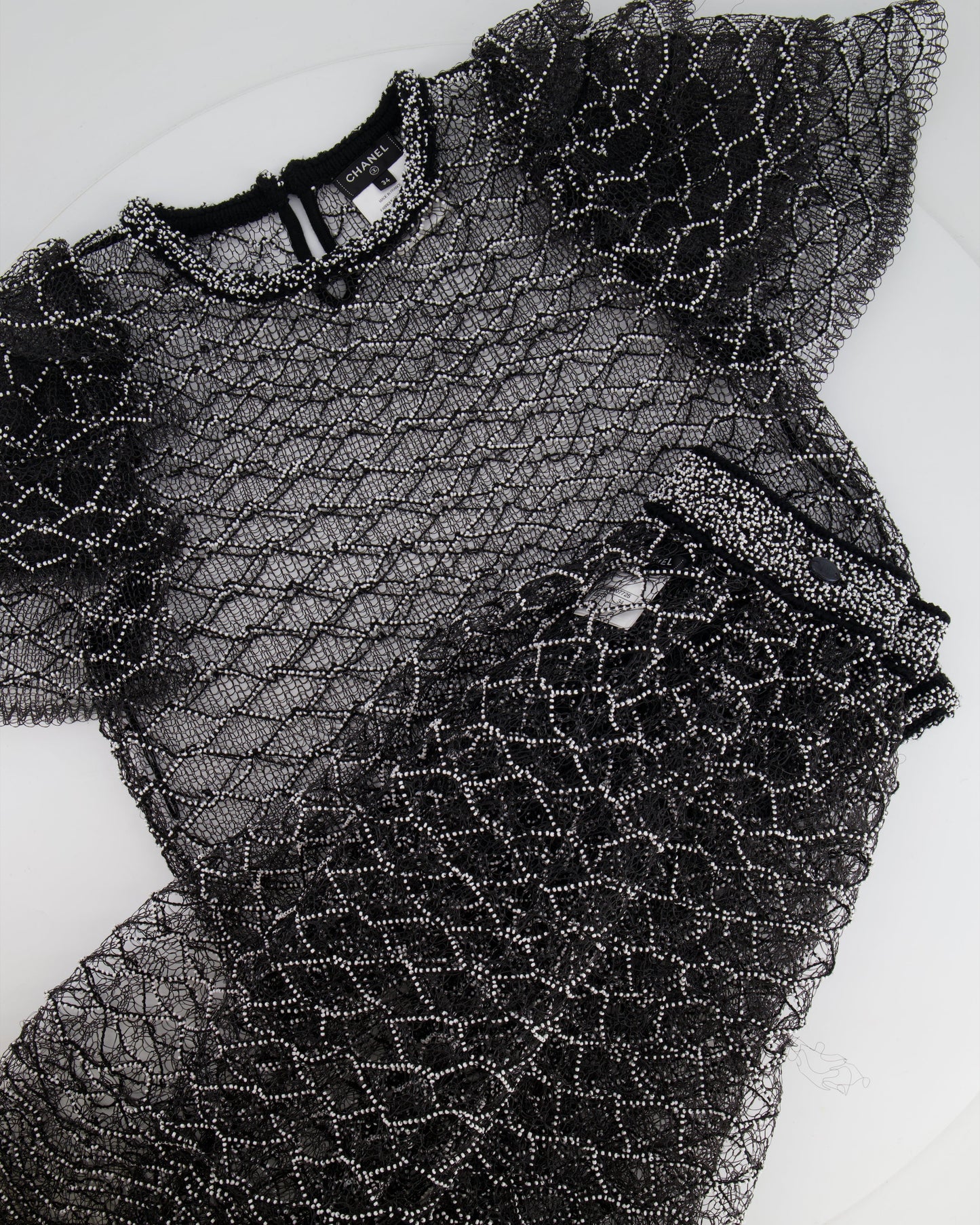 Chanel Spring 2018 Black and Pearl Metallic Caged Top and Skirt Set Size FR 34 (UK 6)