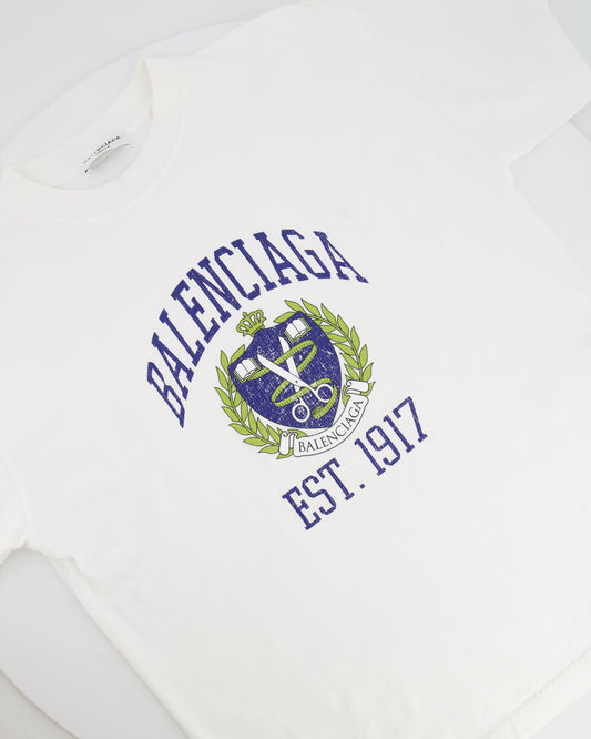 Balenciaga White T-Shirt with Navy Logo and Crest Print Size S (UK 8)