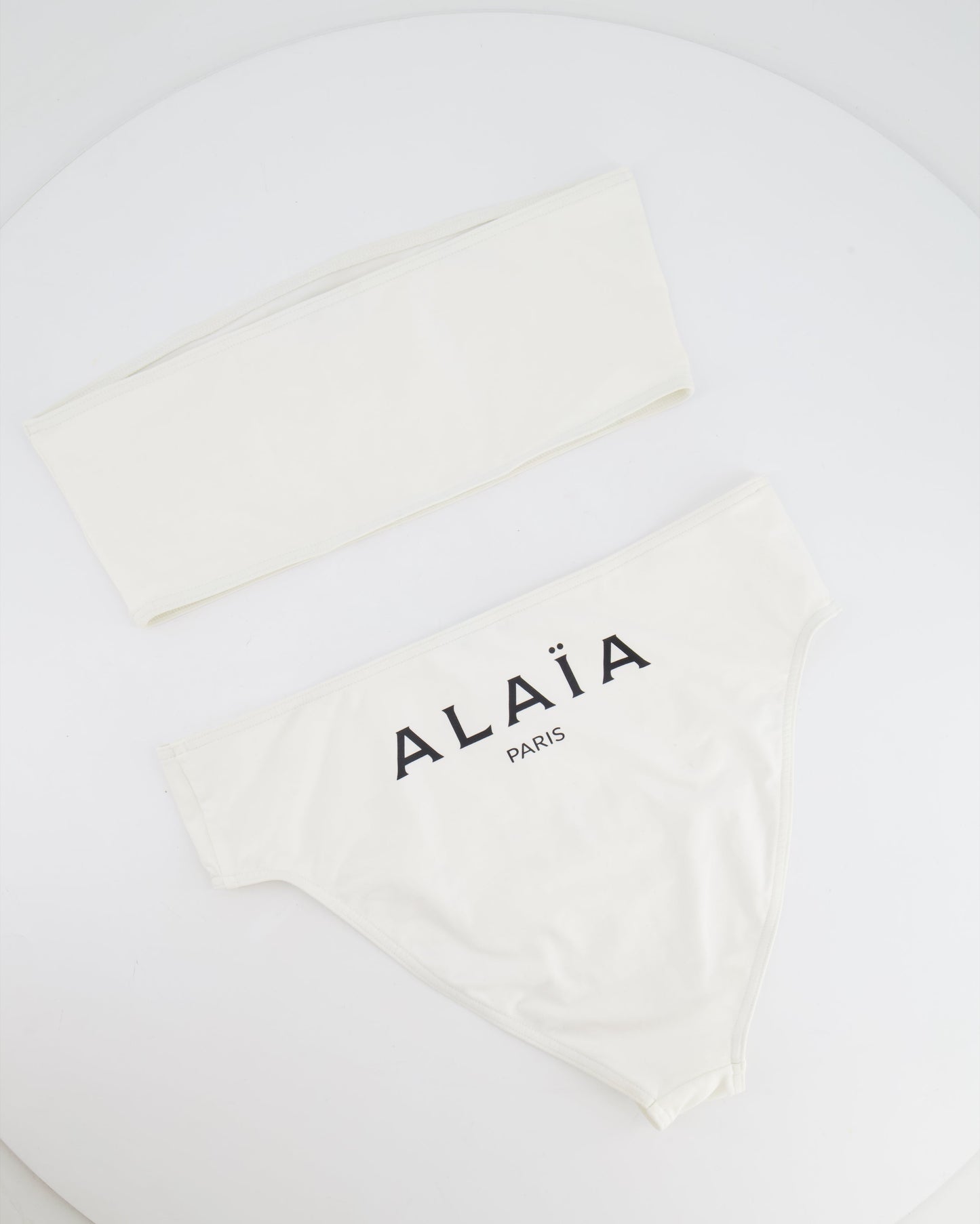 Alaia White Two-Piece Bikini with Bandeau Top and Black Logo Print Size FR 38 (UK 10) RRP £650