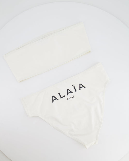 Alaia White Two-Piece Bikini with Bandeau Top and Black Logo Print Size FR 38 (UK 10) RRP £650