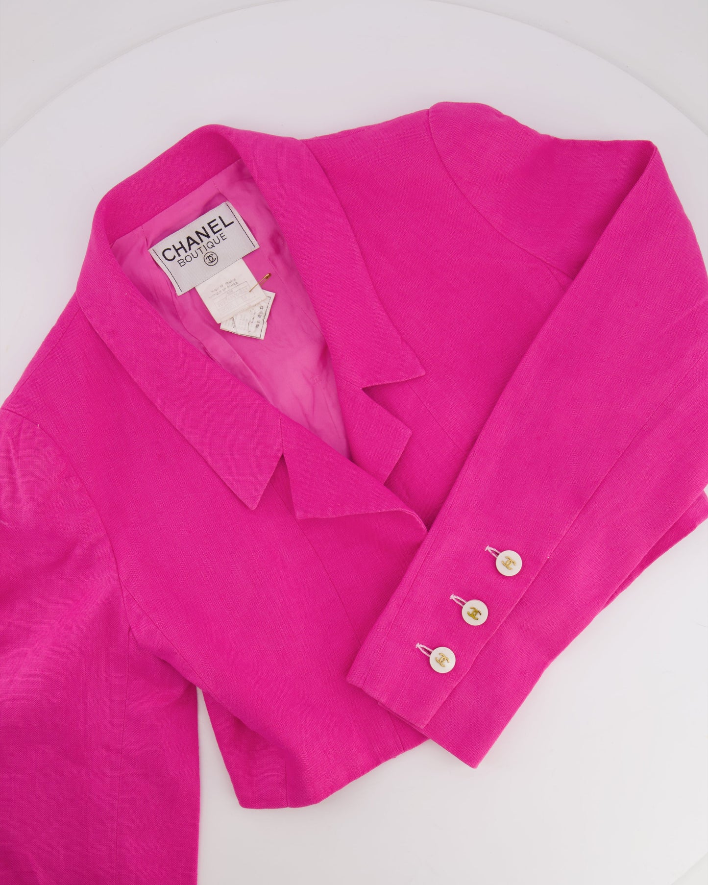 Chanel 95/P   Barbie Pink Linen Mini Dress and Cropped Jacket Set with Gold CC Logo Buttons Size FR 38 (UK 10)