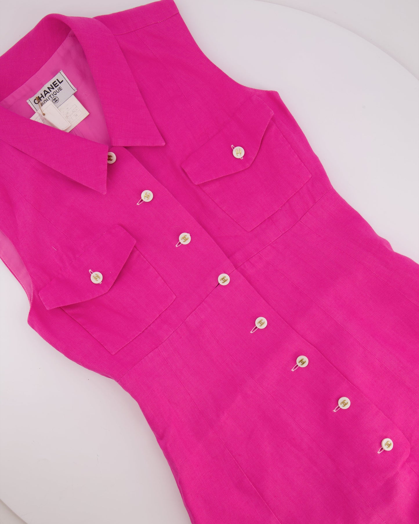 Chanel 95/P   Barbie Pink Linen Mini Dress and Cropped Jacket Set with Gold CC Logo Buttons Size FR 38 (UK 10)