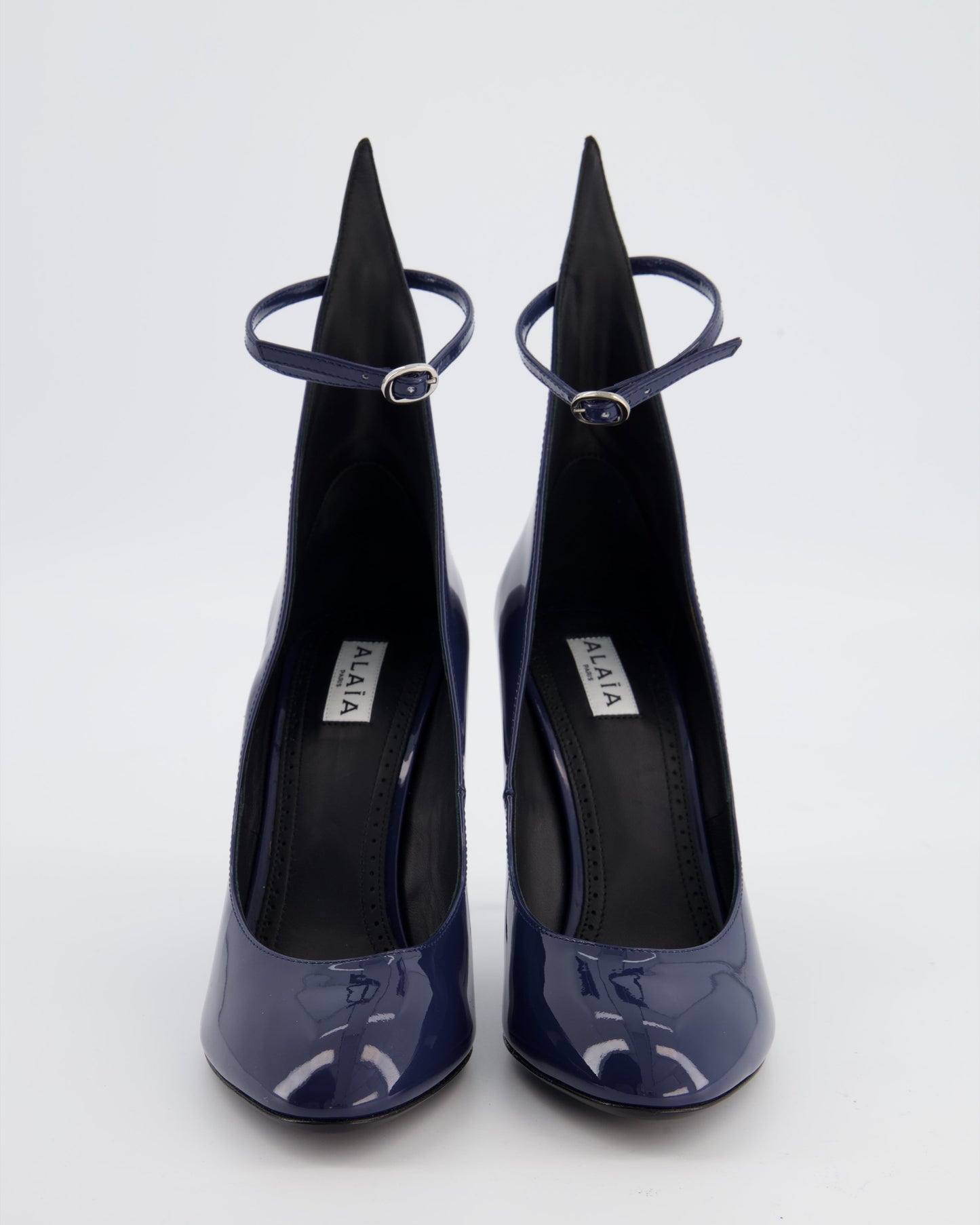 Ala•a 90 Navy Patent-Leather Heeled Pumps with Ankle Detail Size EU 38