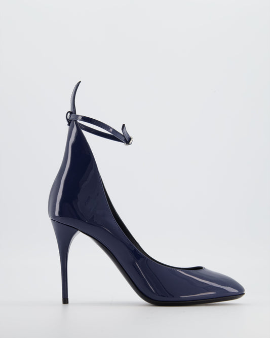 Ala•a 90 Navy Patent-Leather Heeled Pumps with Ankle Detail Size EU 38