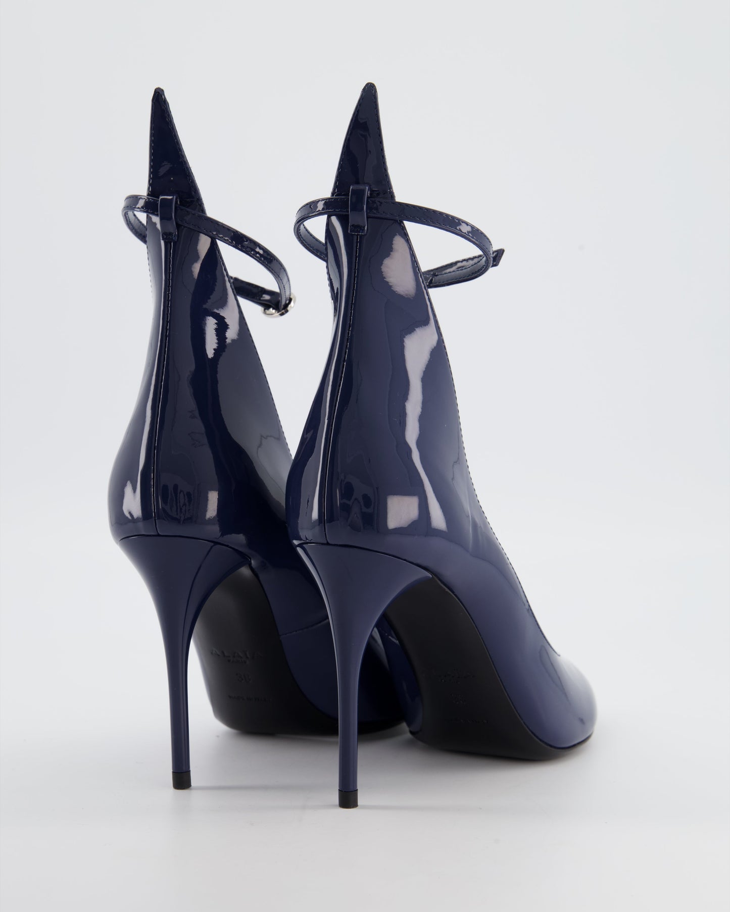 Ala•a 90 Navy Patent-Leather Heeled Pumps with Ankle Detail Size EU 38